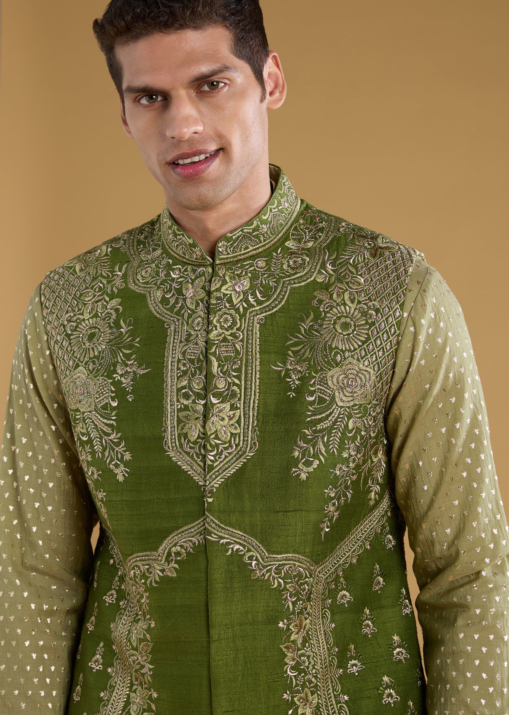 Green Chanderi Zari Embroidered Mens Jacket Kurta Set - Image 2