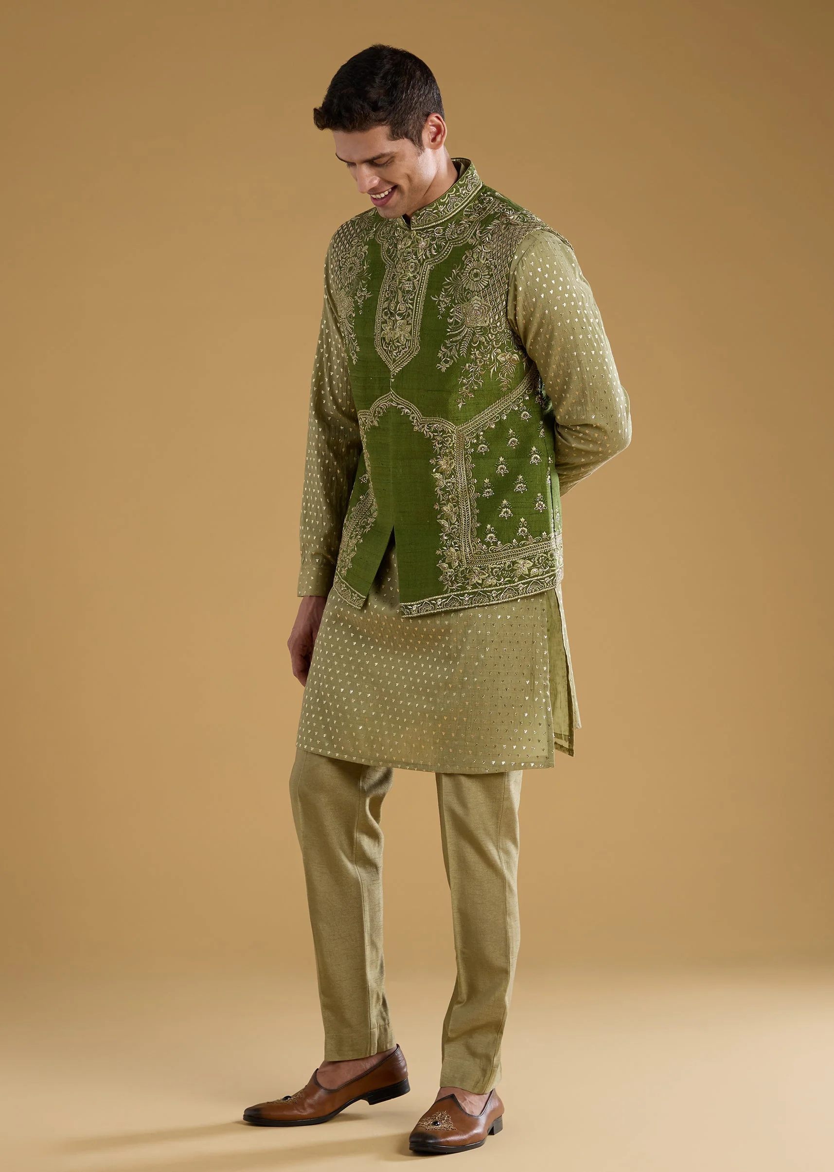 Green Chanderi Zari Embroidered Mens Jacket Kurta Set - Image 3