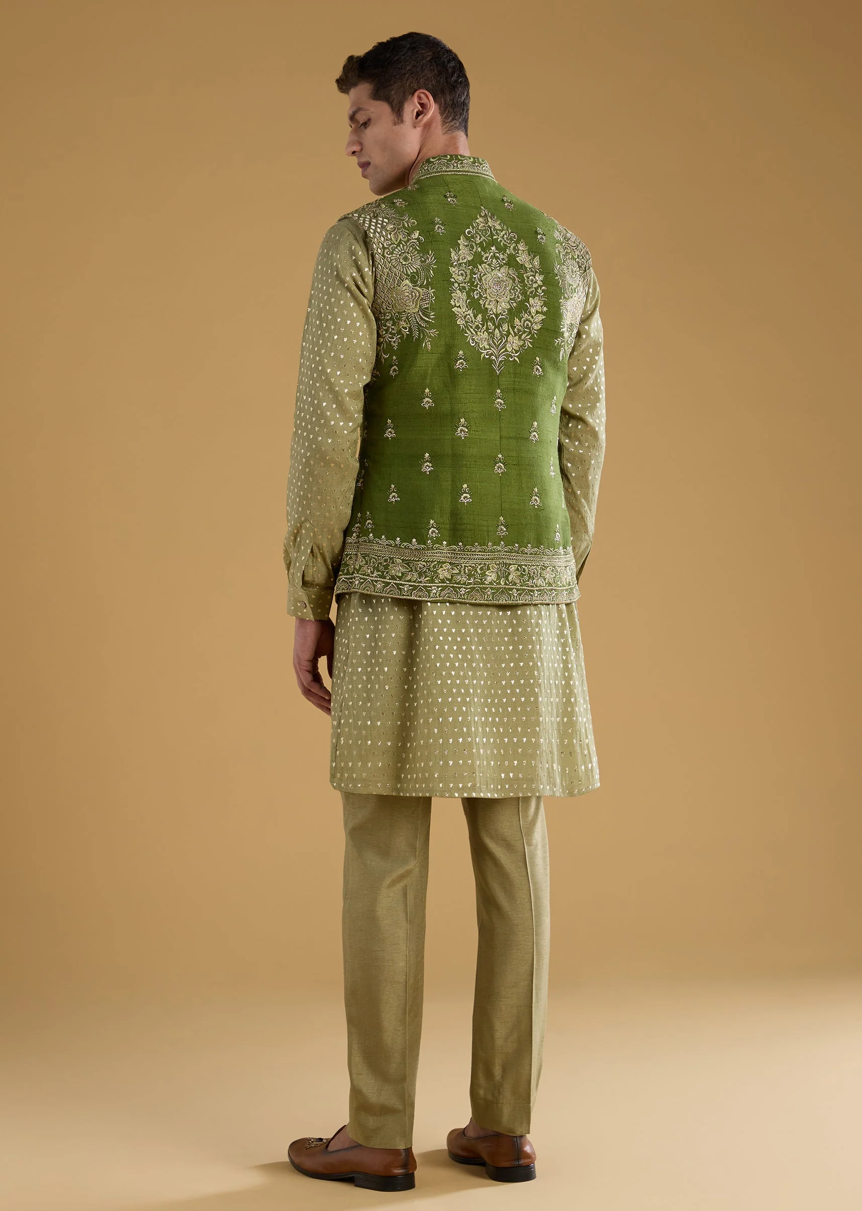 Green Chanderi Zari Embroidered Mens Jacket Kurta Set - Image 5