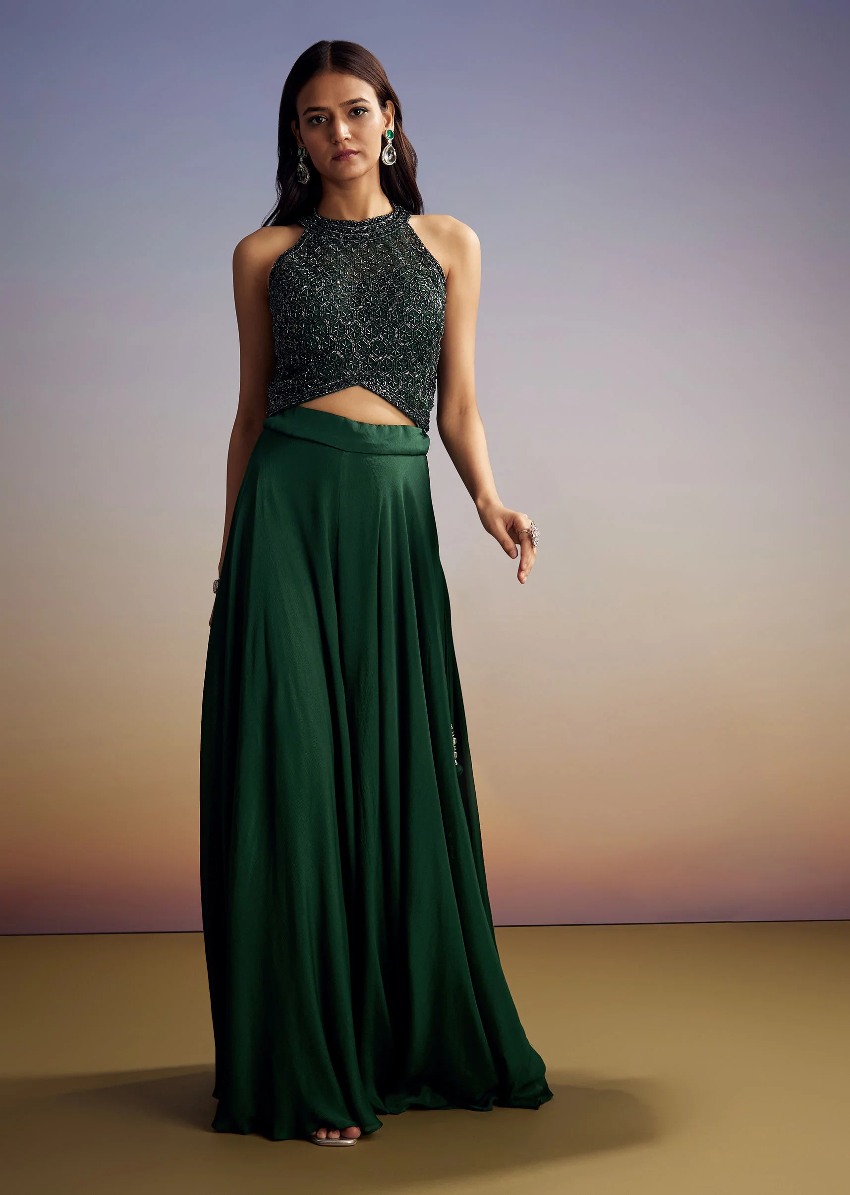 Green Chinon Crop Top Set With Sequins Work And Dupatta - Image 4