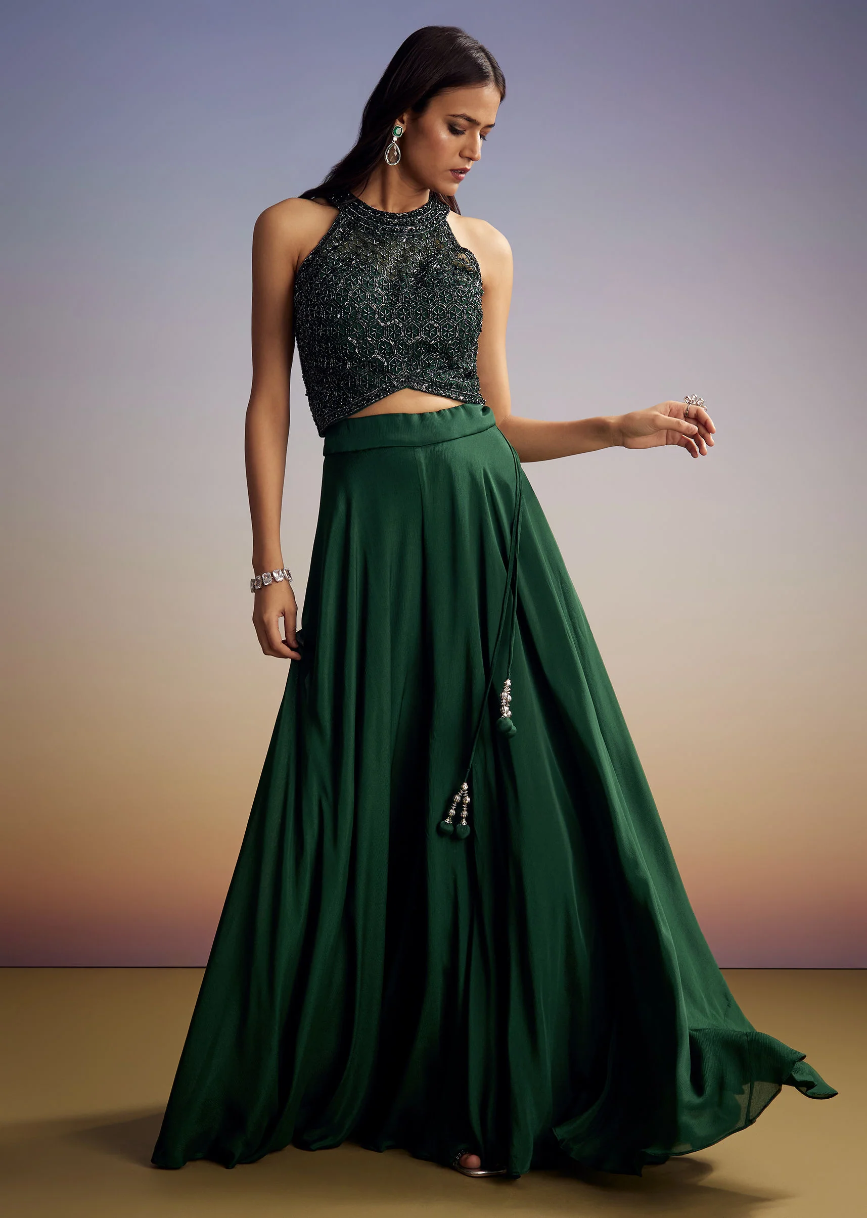 Green Chinon Crop Top Set With Sequins Work And Dupatta - Image 5