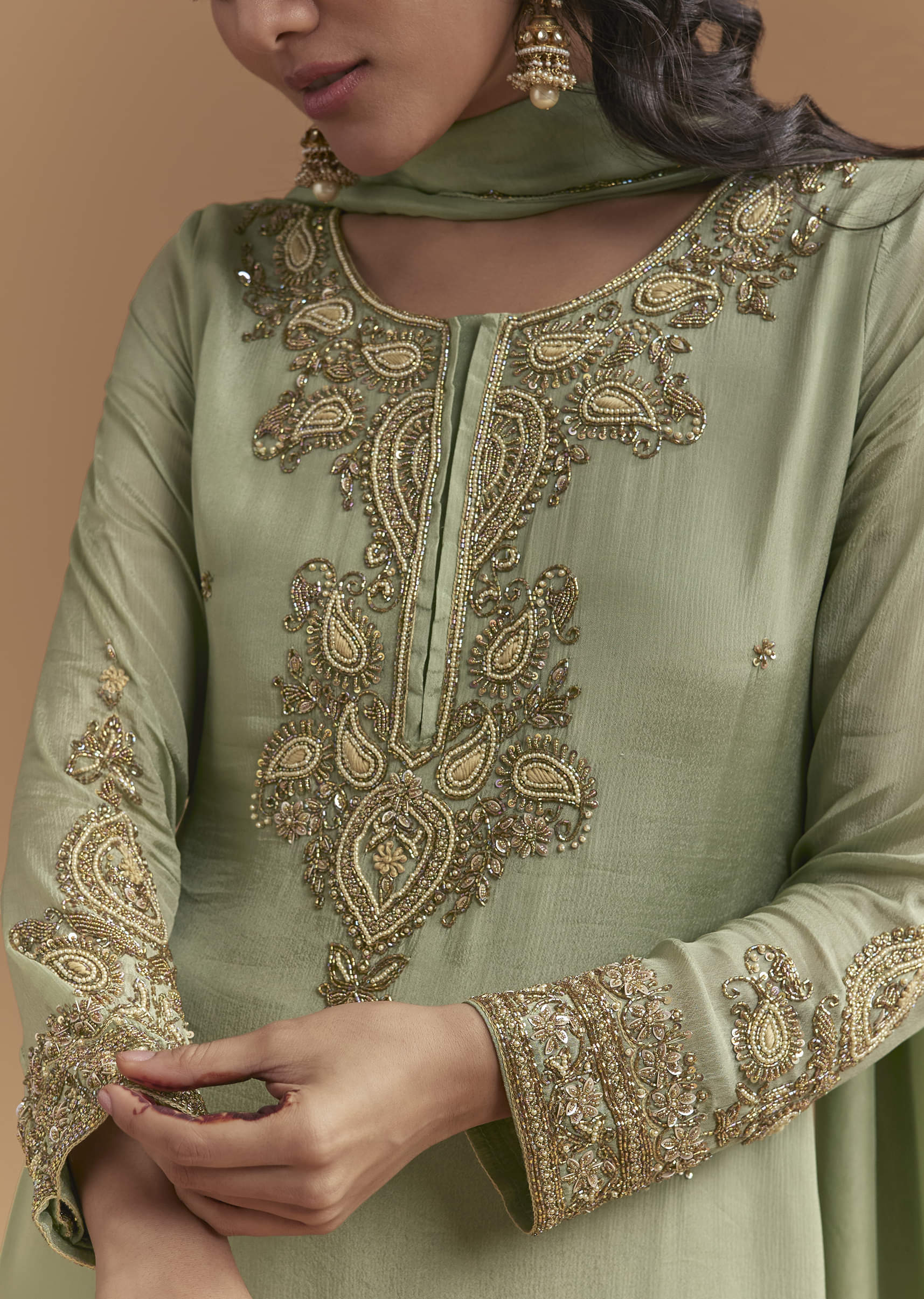 Green Chinon Palazzo Suit With Moti And Cutdana Embroidery - Image 2