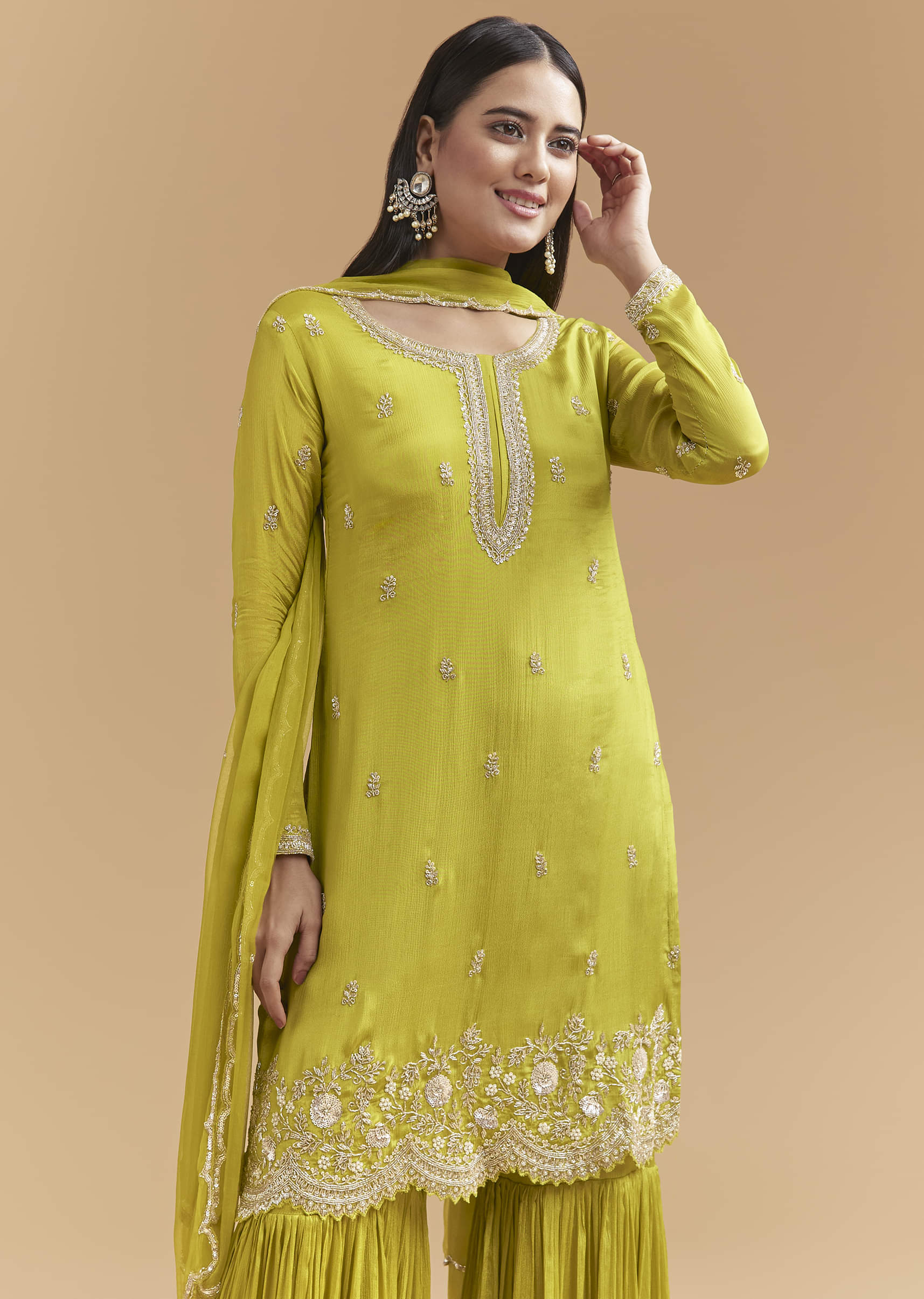 Green Chinon Sharara Suit With Heavy Hand Embroidery - Image 4