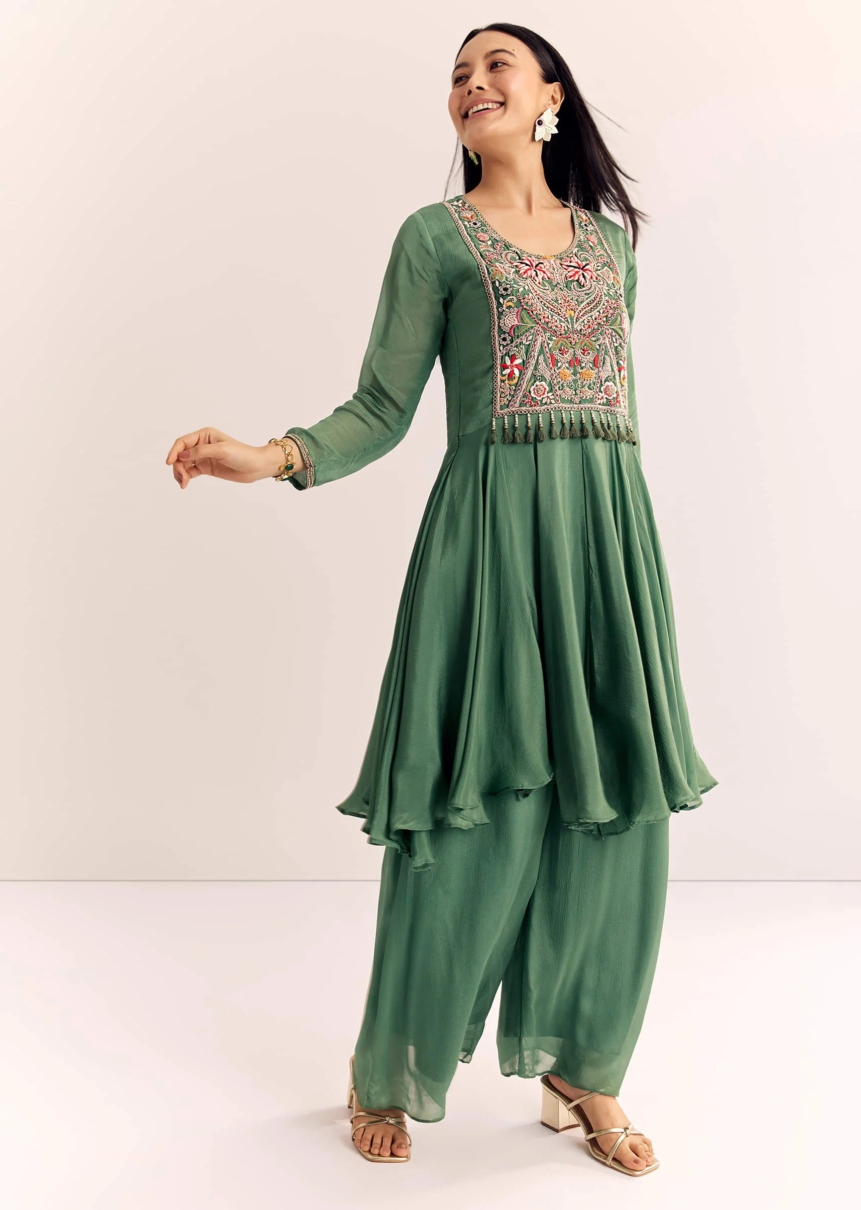 Green Chinon Zardosi Palazzo Suit - Image 3