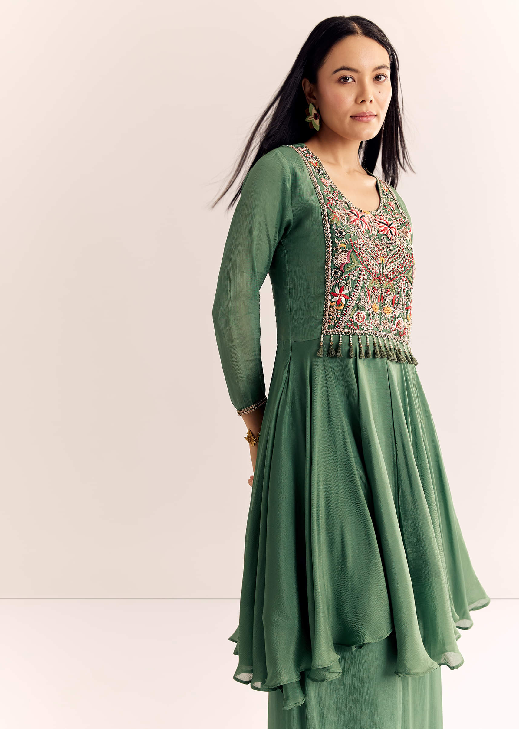 Green Chinon Zardosi Palazzo Suit - Image 4