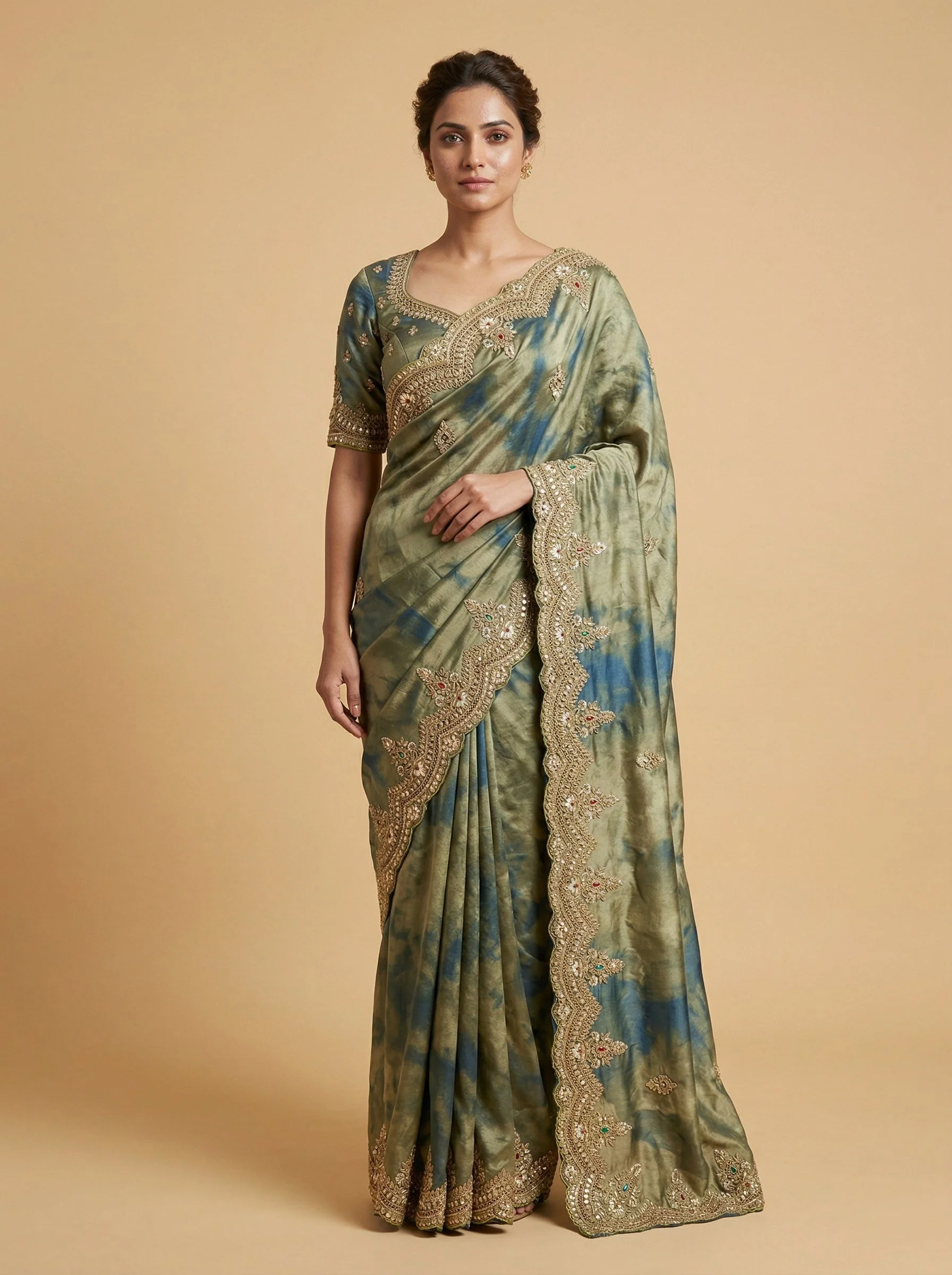 Green Composed Embroidered Saree