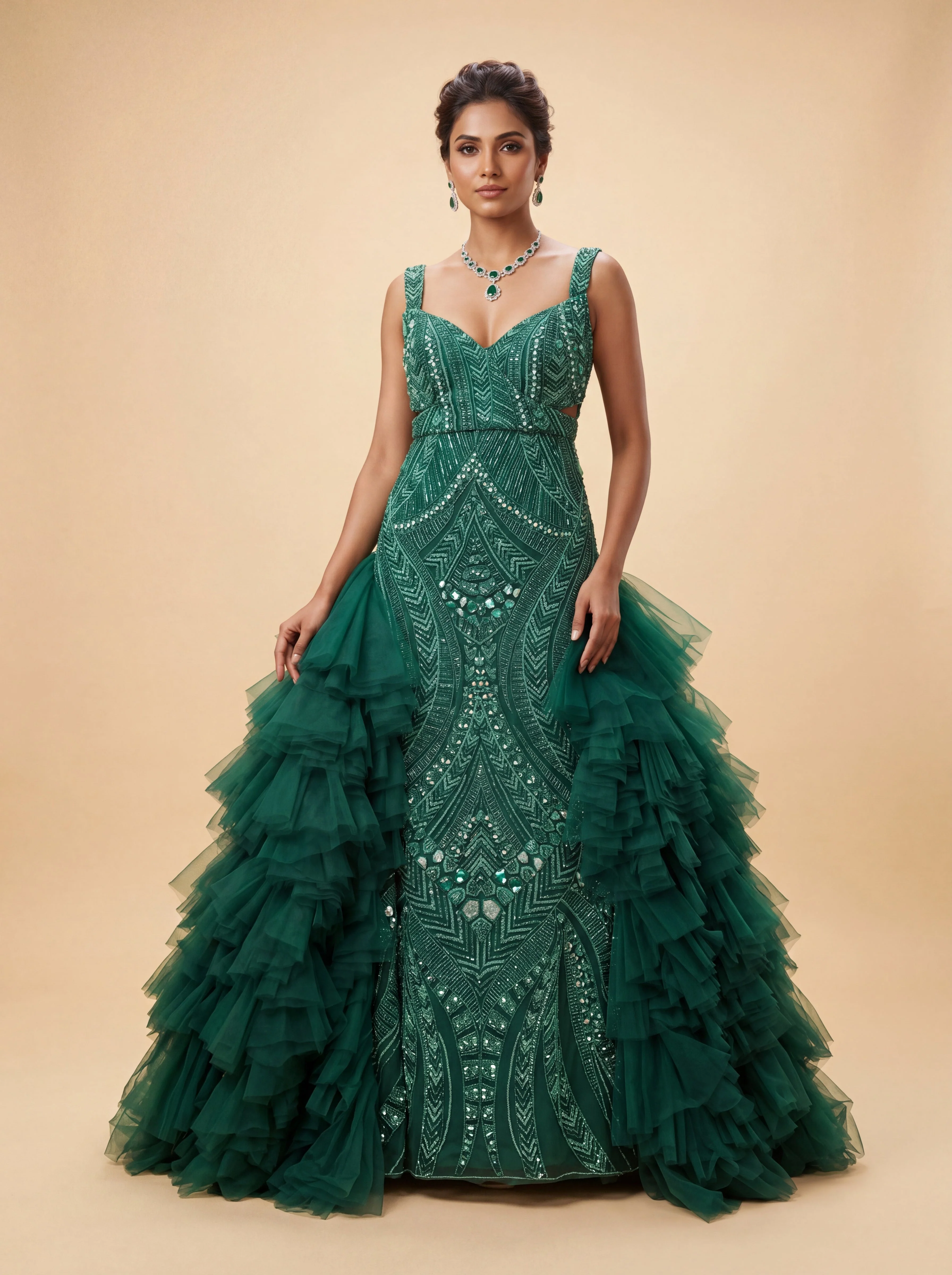 Green Contemporary Bridal Lehenga With Ruffled Tiered Skirt
