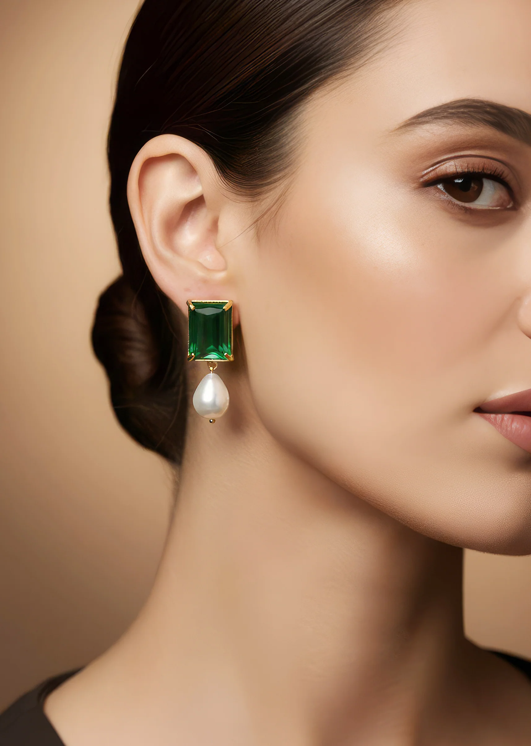 Green Contemporary Faux Pearl Dangler Earrings