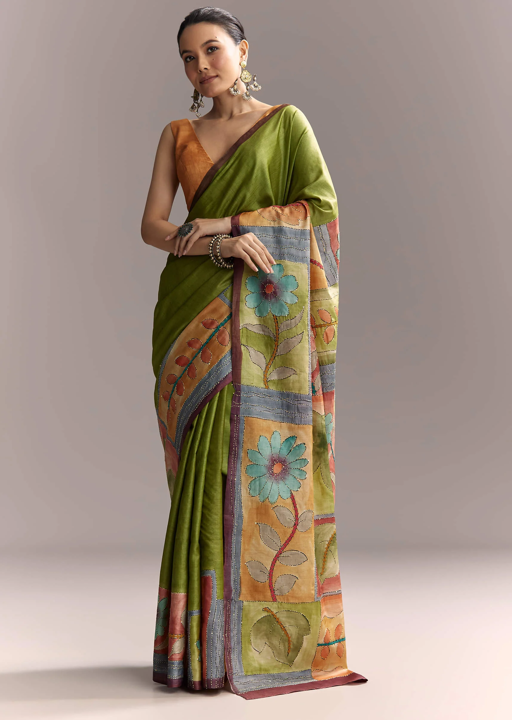 Green Cotton Saree With Hand Painted Floral Motifs And Contrast Border - Image 3