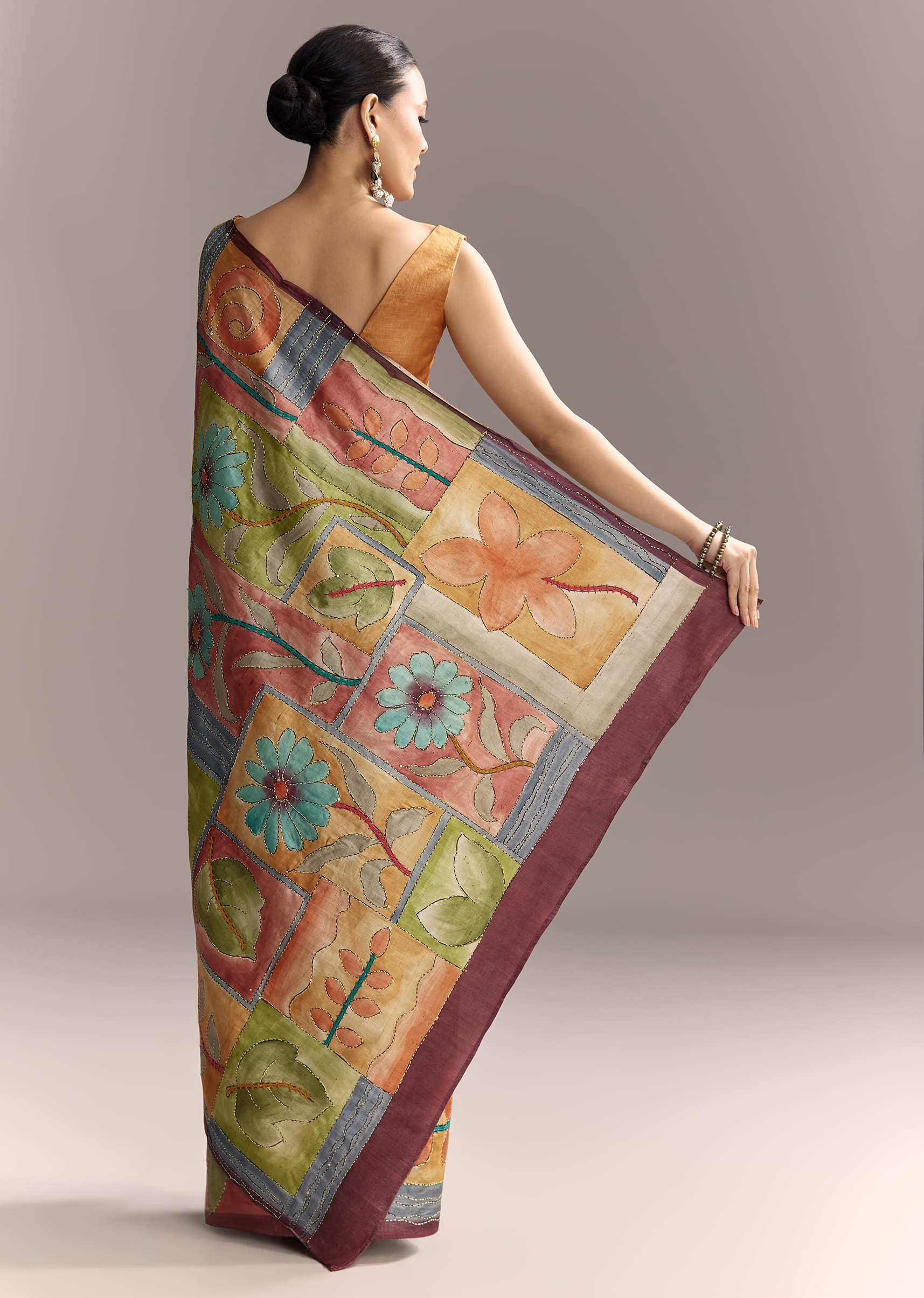 Green Cotton Saree With Hand Painted Floral Motifs And Contrast Border - Image 4