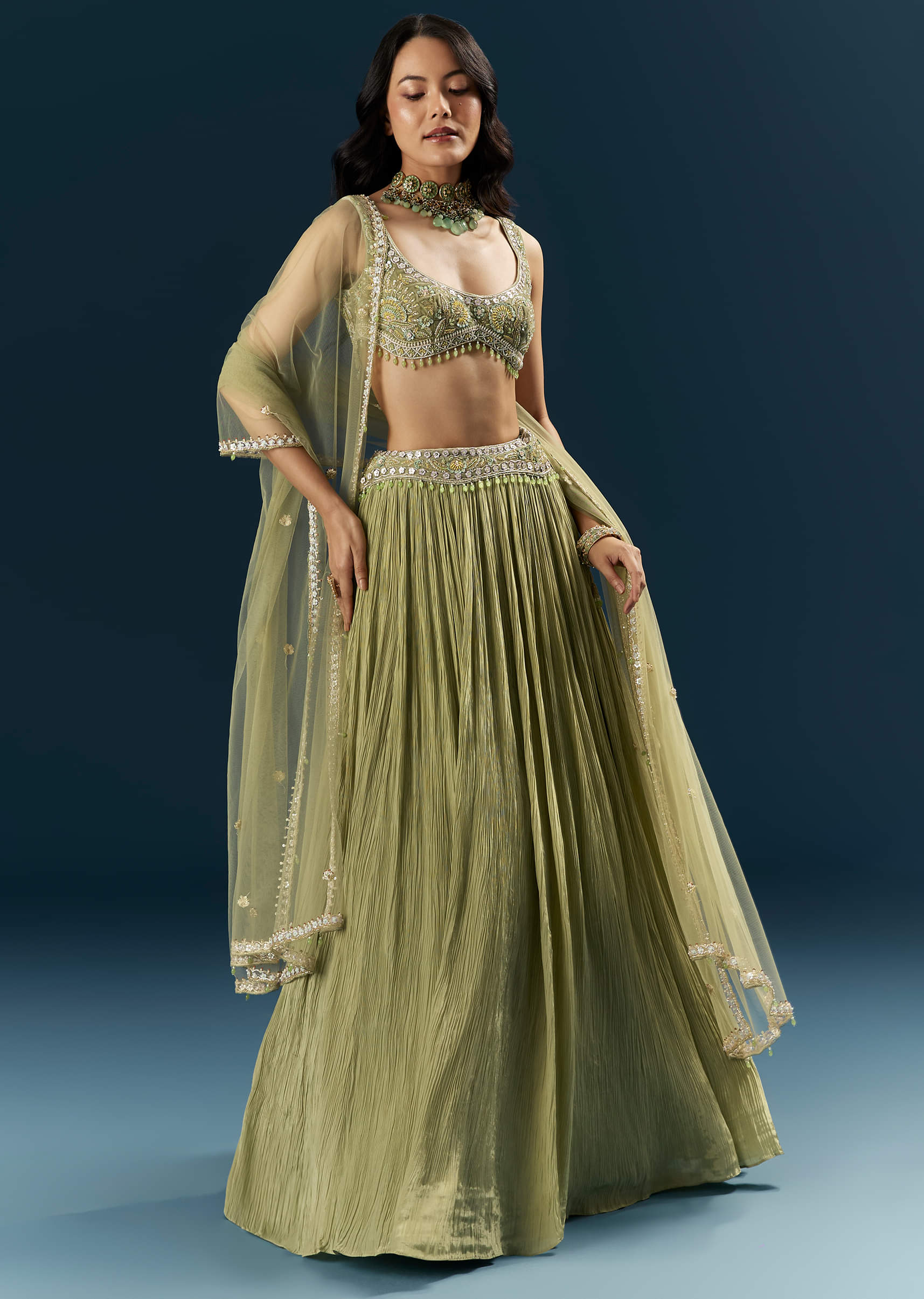 Green Crepe Bridesmaid Lehenga With Heavy Embroidery - Image 4