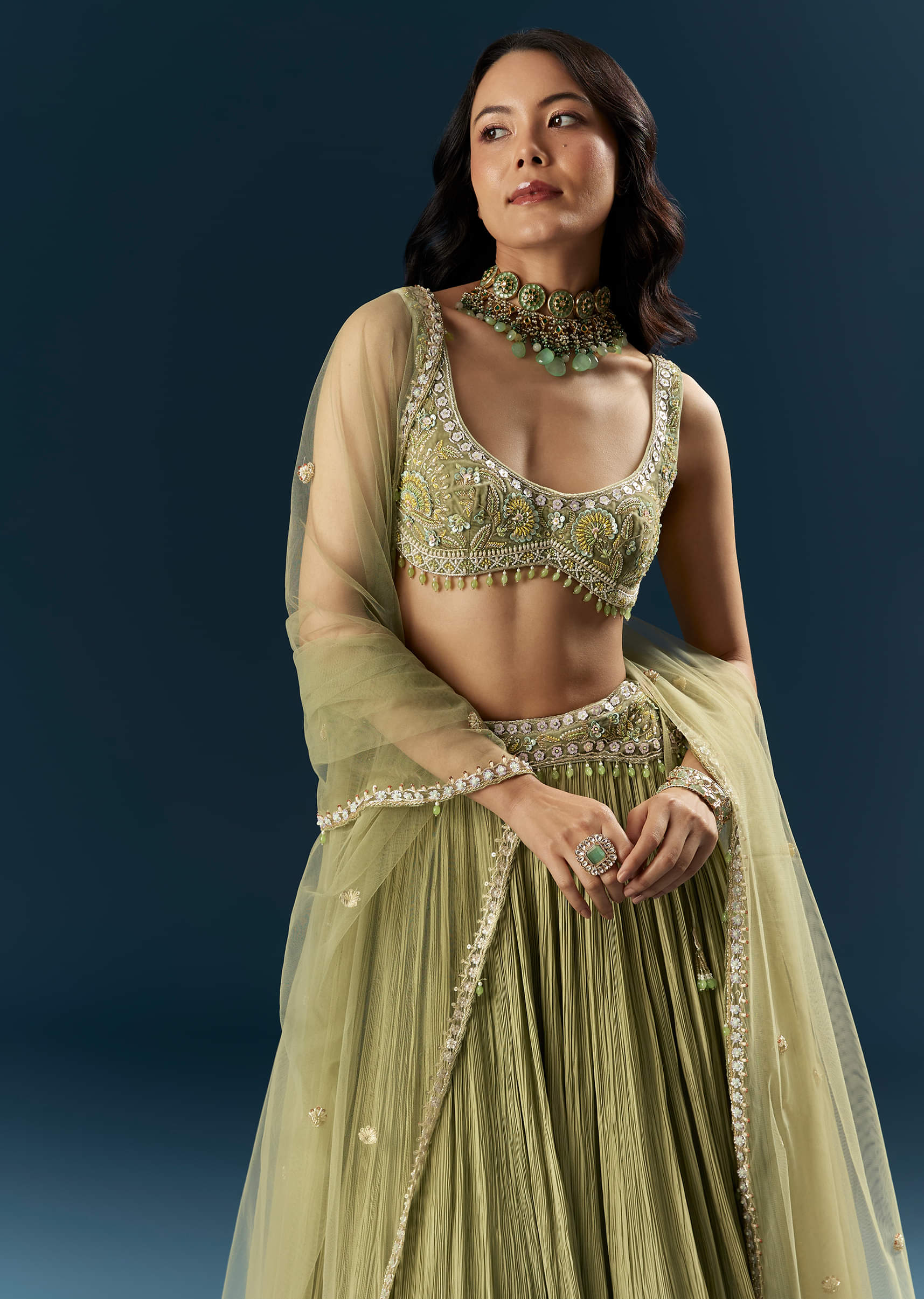 Green Crepe Bridesmaid Lehenga With Heavy Embroidery - Image 5