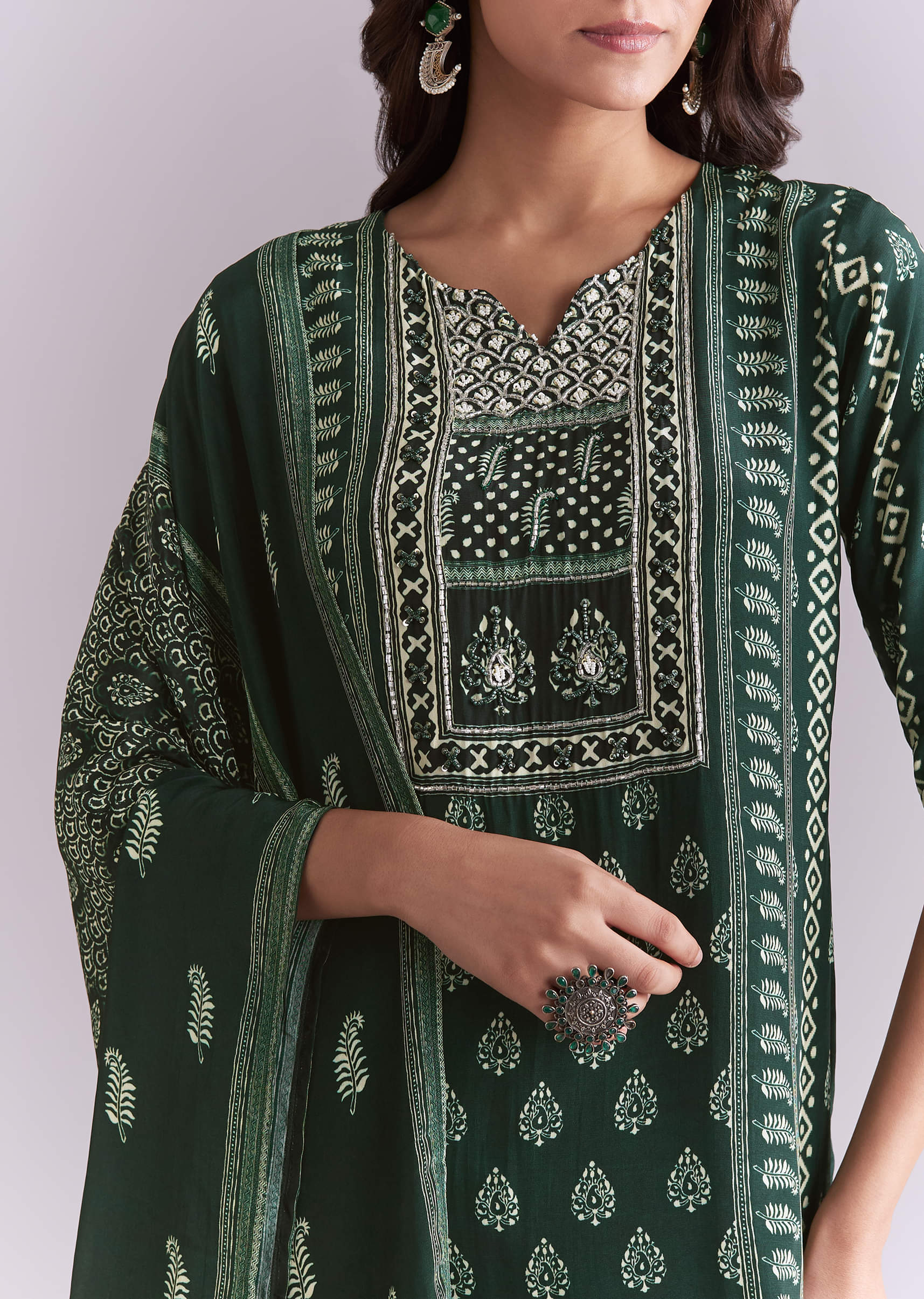 Green Crepe Kurta Set With Indie Print And Moti Detail - Image 2