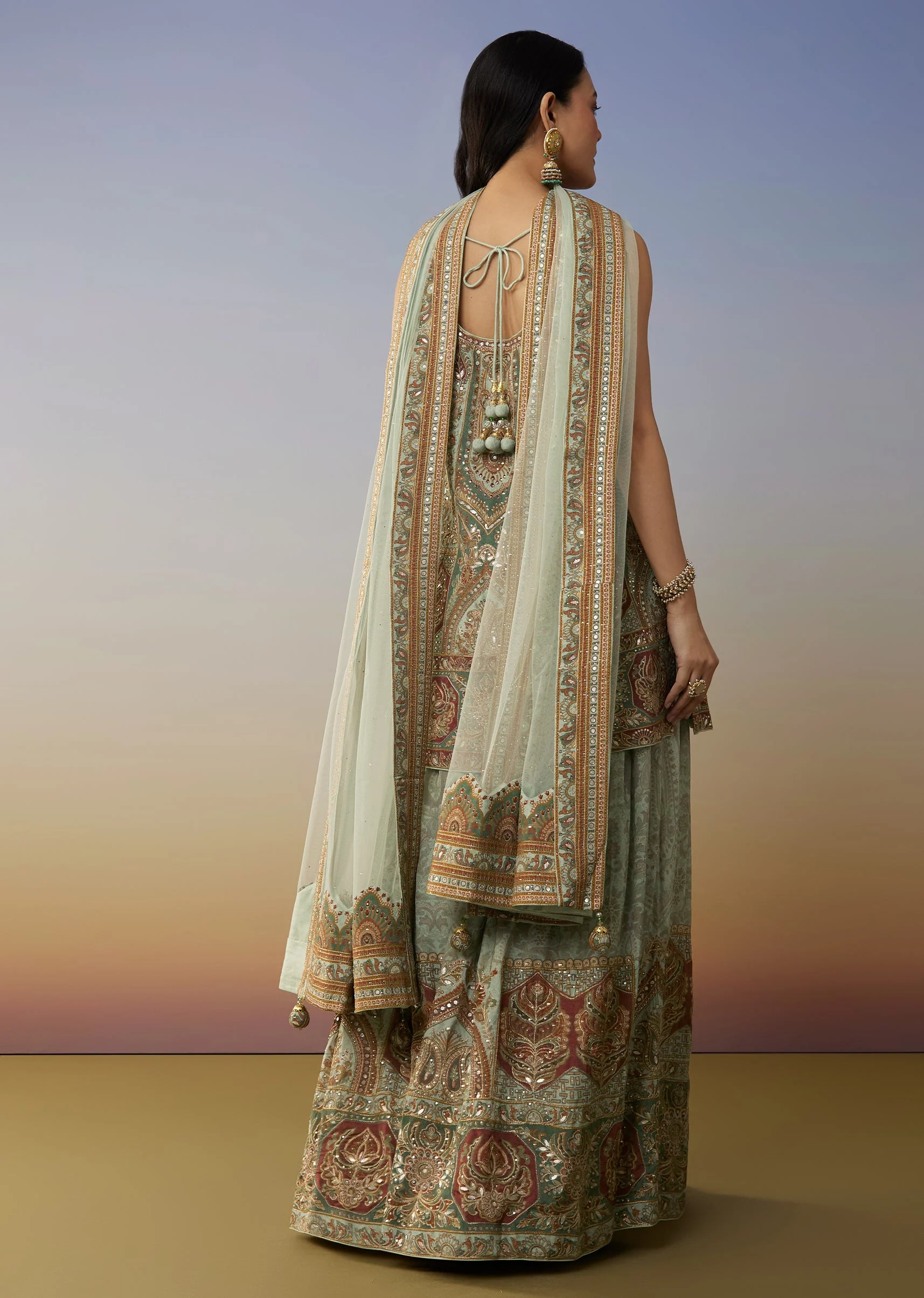 Green Crepe Palazzo Suits with Gotta Lace Work - Image 5