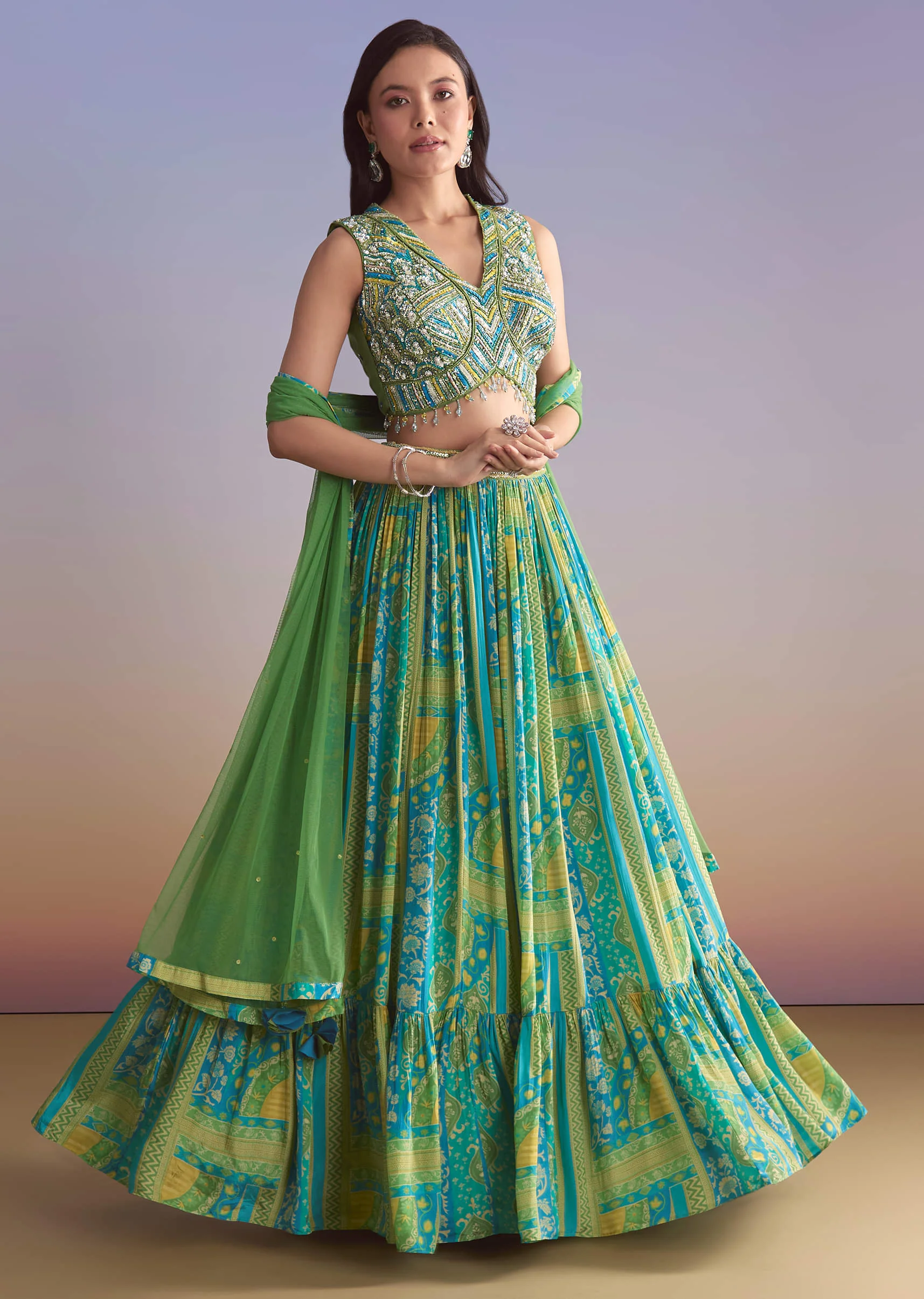Green Crepe Printed Bridesmaid Lehenga With Embroidered Blouse - Image 4