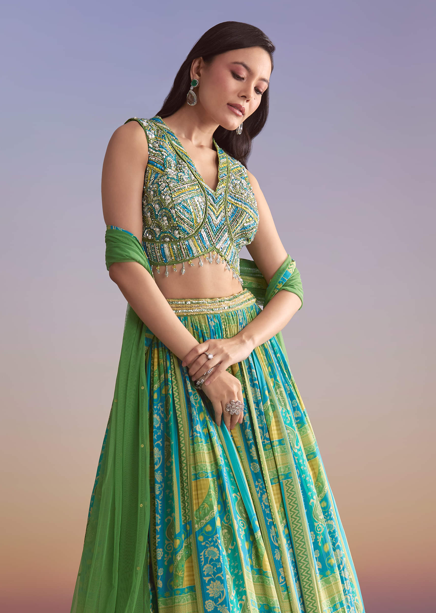 Green Crepe Printed Bridesmaid Lehenga With Embroidered Blouse - Image 5
