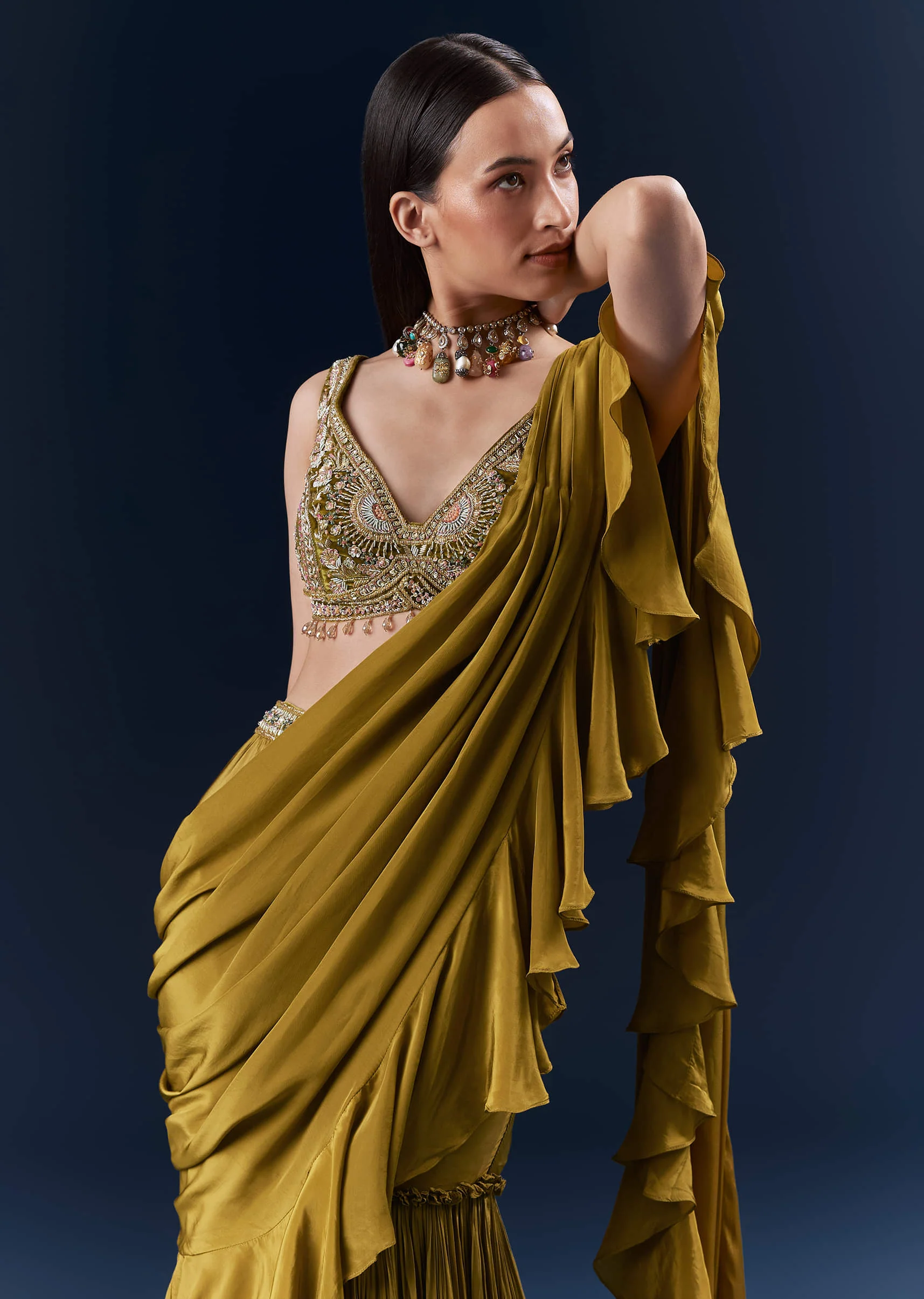 Green Crepe Ready Pleated Saree With Heavy Hand Embroidery - Image 3
