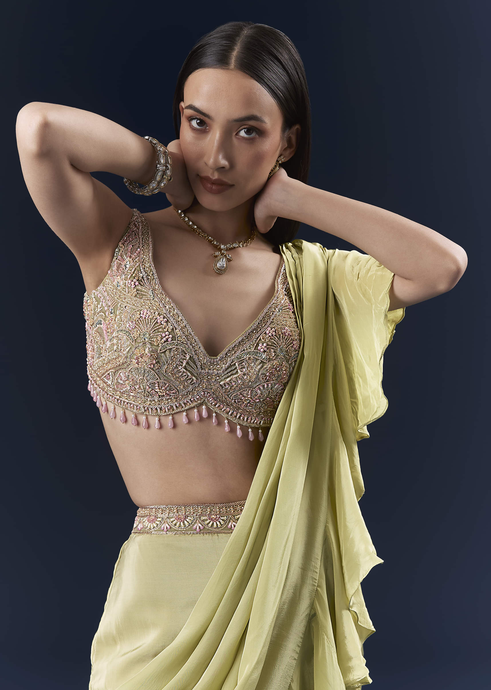 Green Crepe Ready Pleated Saree With Intricate Embroidery - Image 5