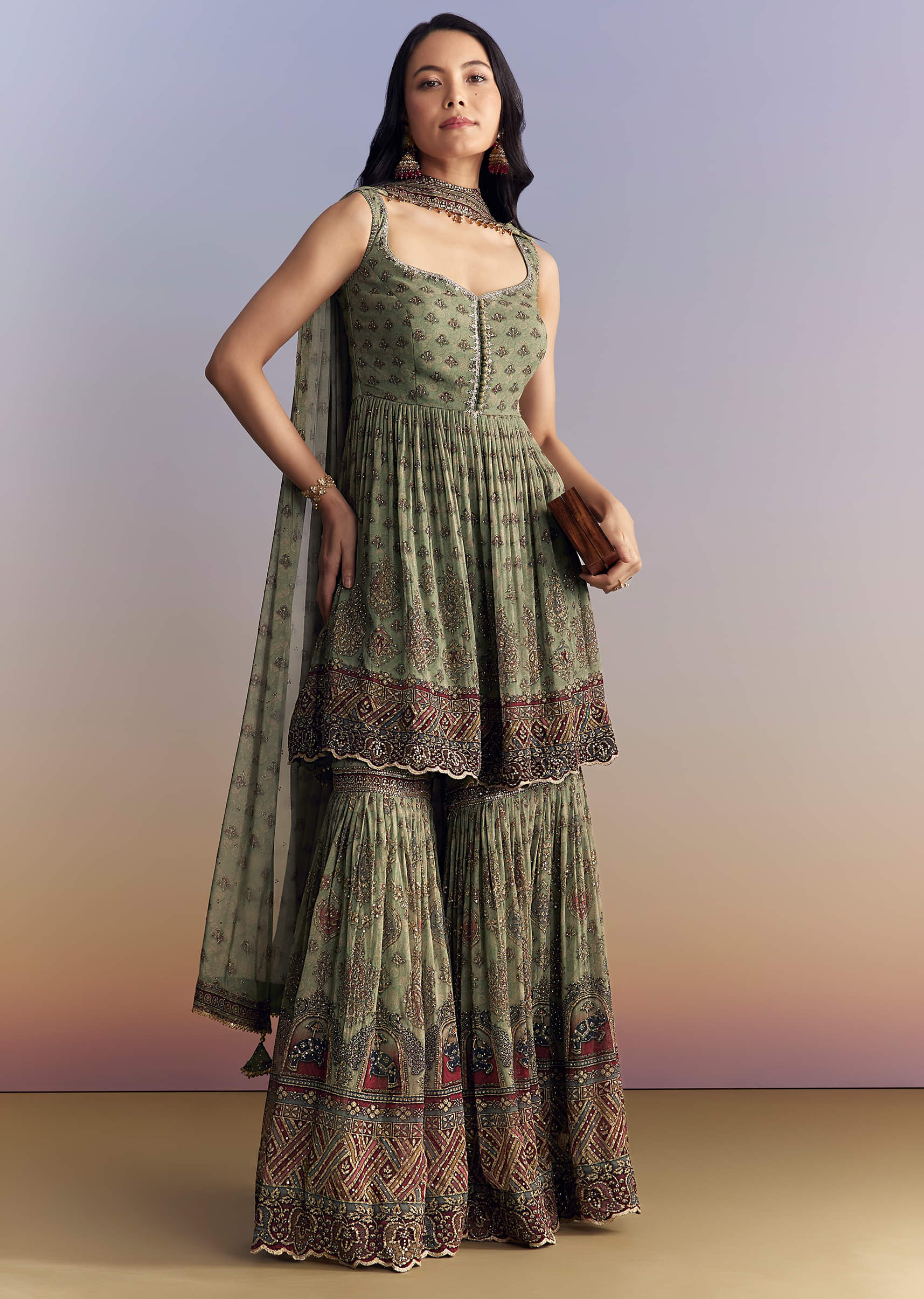 Green Crepe Sharara Suit With Indie Print And Stone Work - Image 3