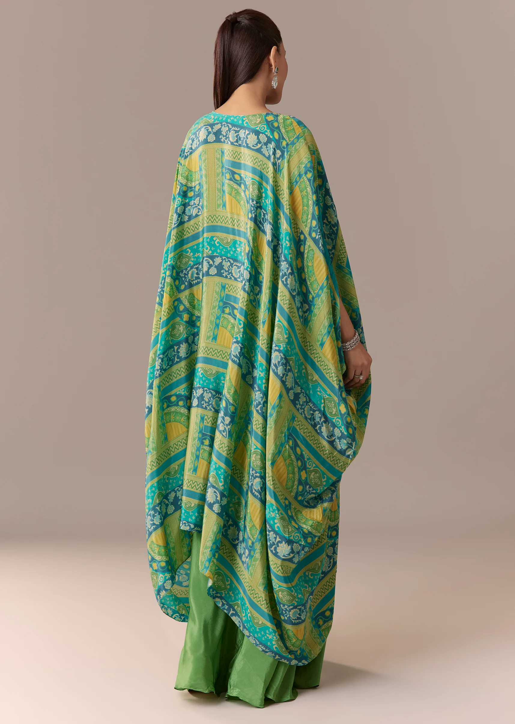 Green Crop Top Palazzo Set with Printed Cape - Image 5
