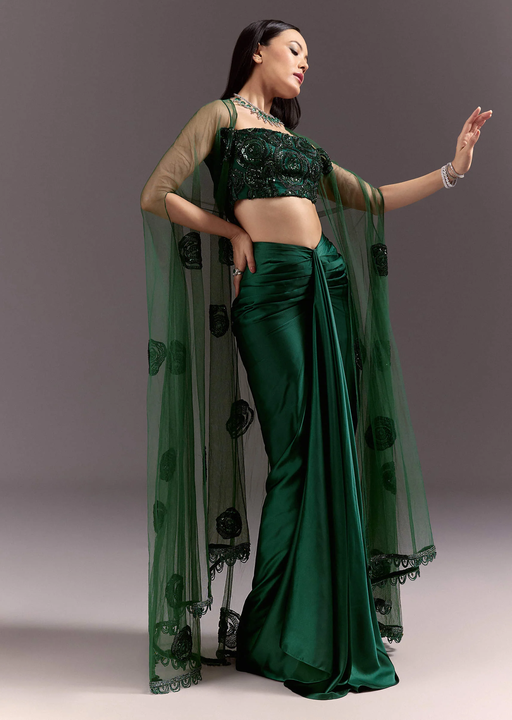 Green Drape Skirt Patched Jacket Set With Square Neck Blouse