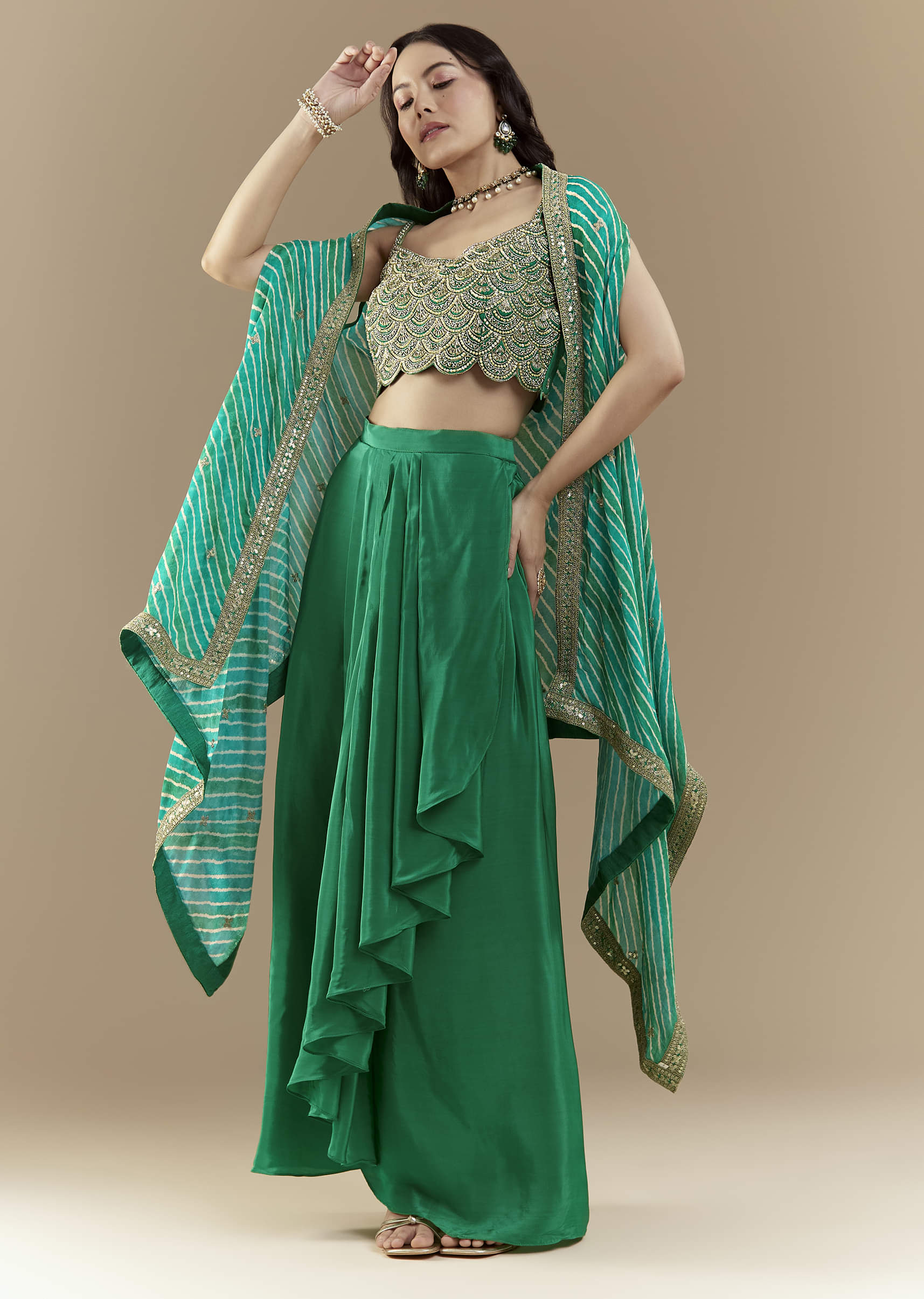 Green Embellished Crop Top Skirt Set with Leheriya Cape - Image 3