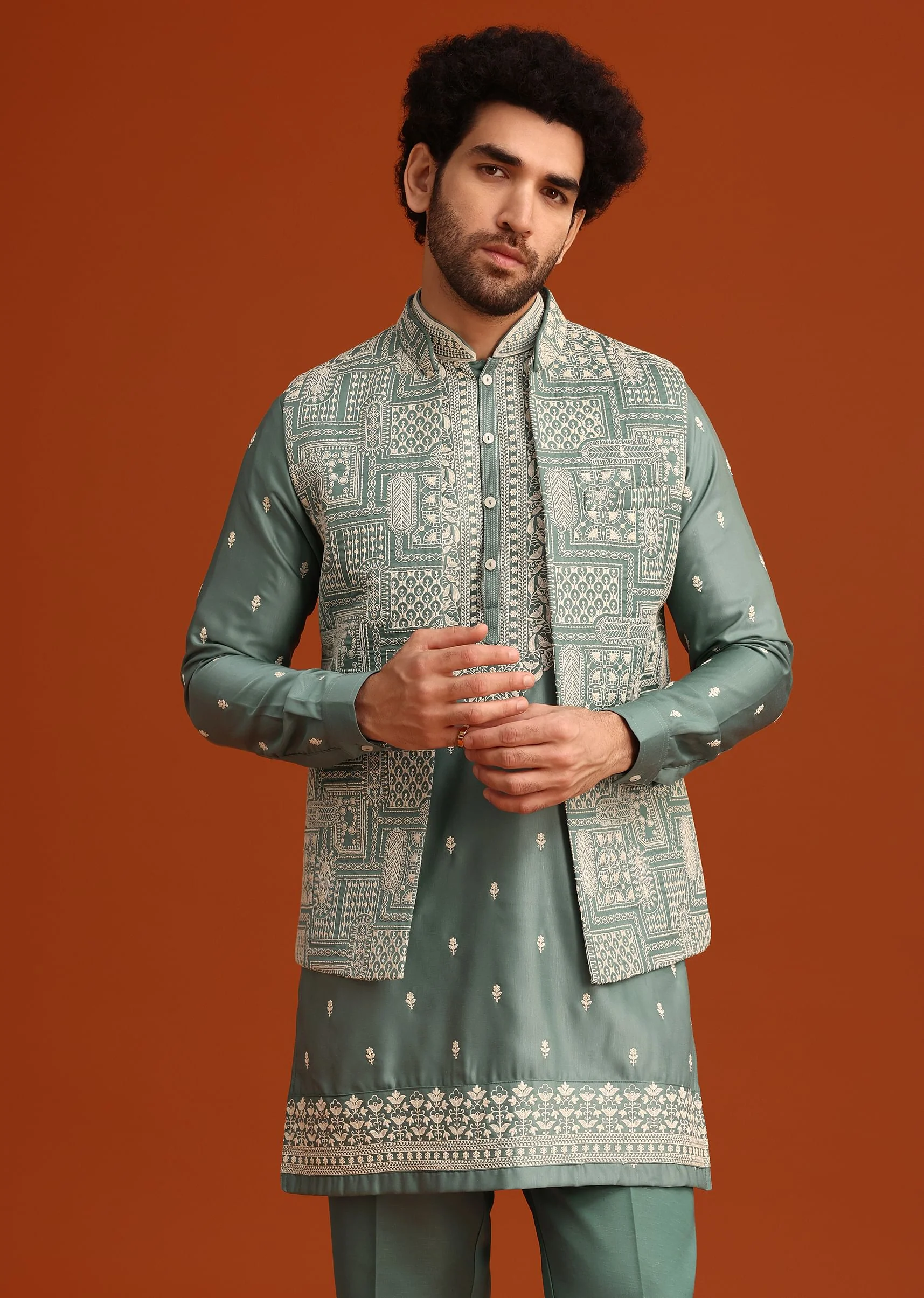 Green Embroidered Jacket Kurta Set In Linen Satin - Image 4