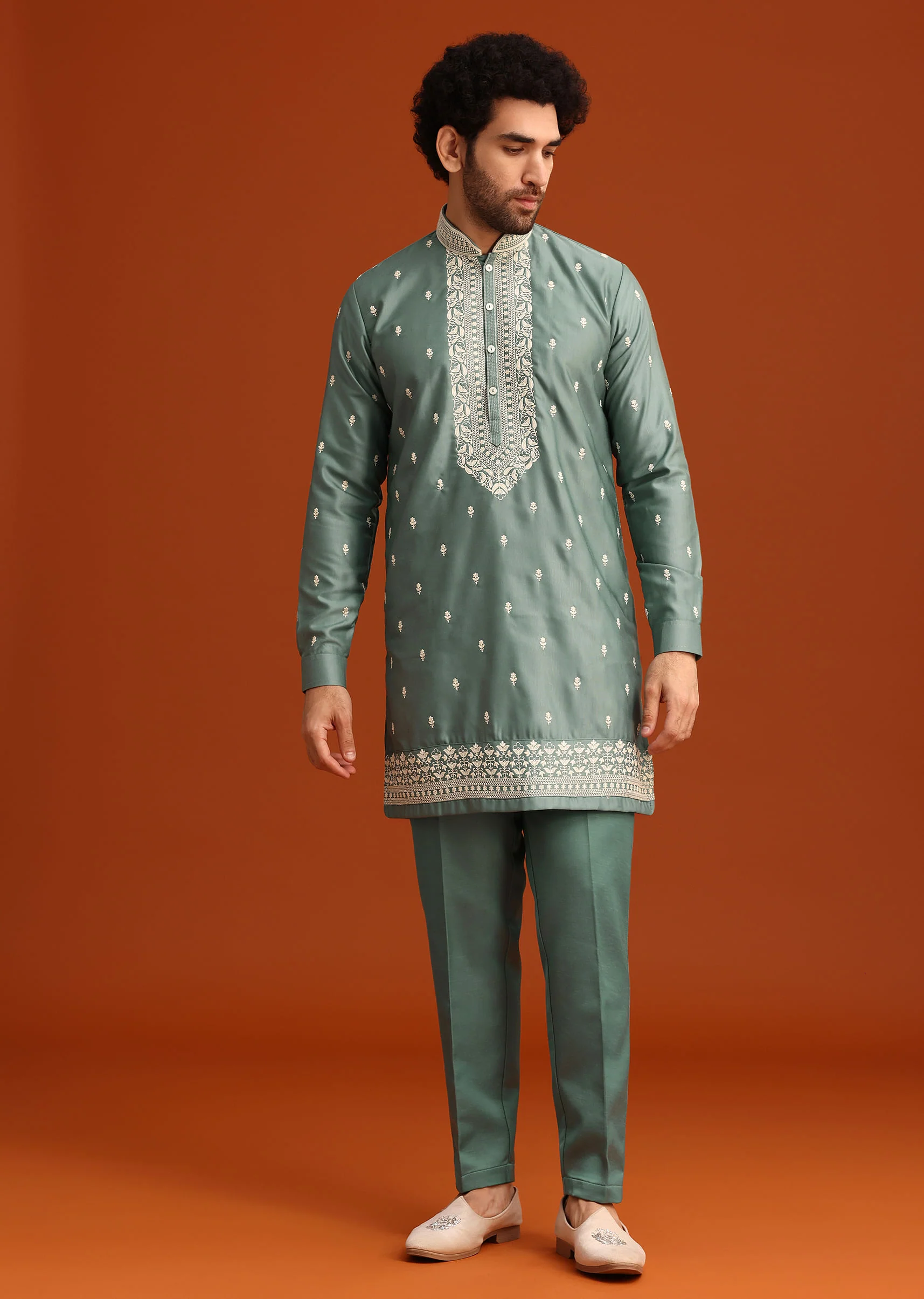 Green Embroidered Jacket Kurta Set In Linen Satin - Image 6