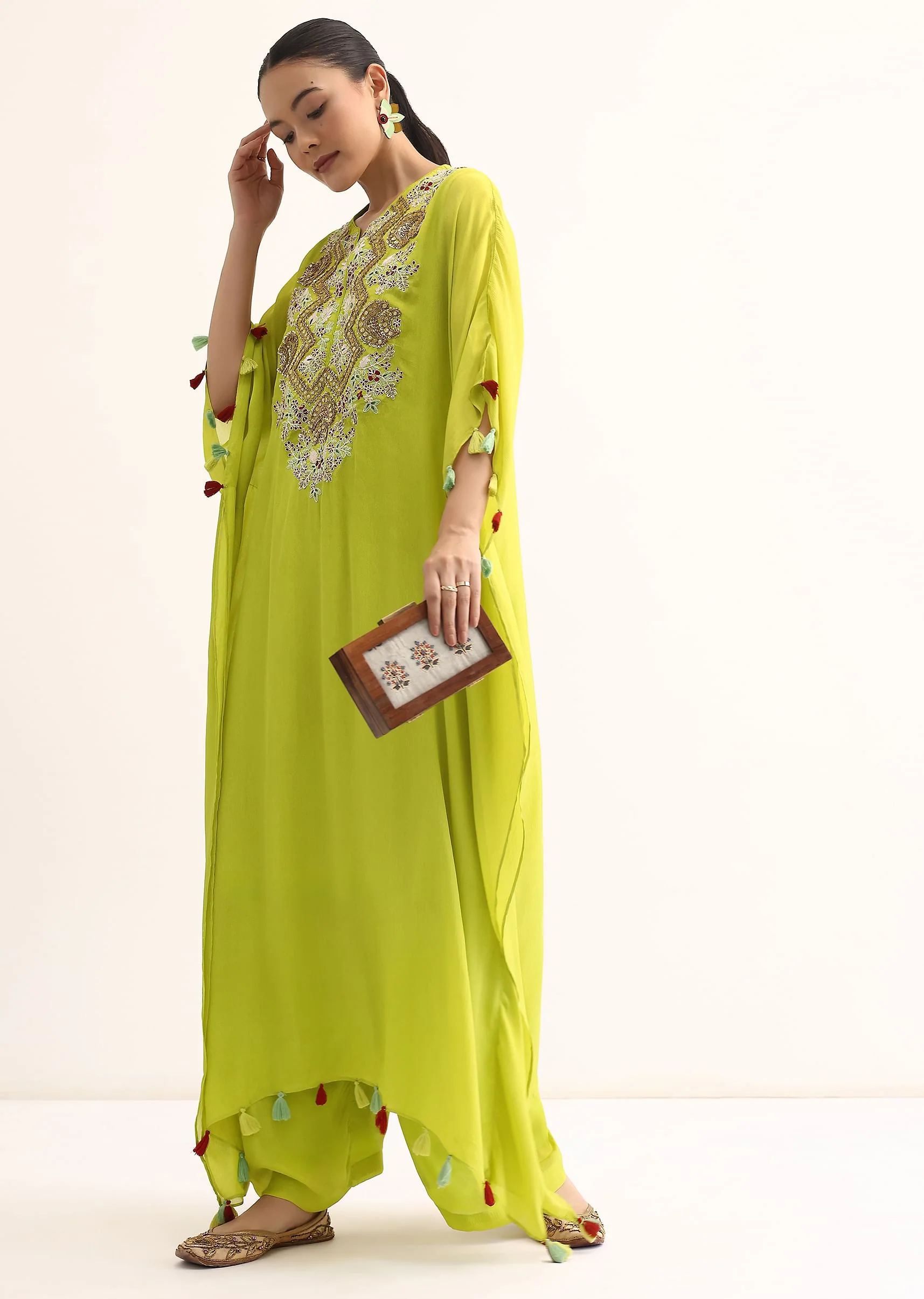 Green Embroidered Kaftan Kurta Set - Image 3