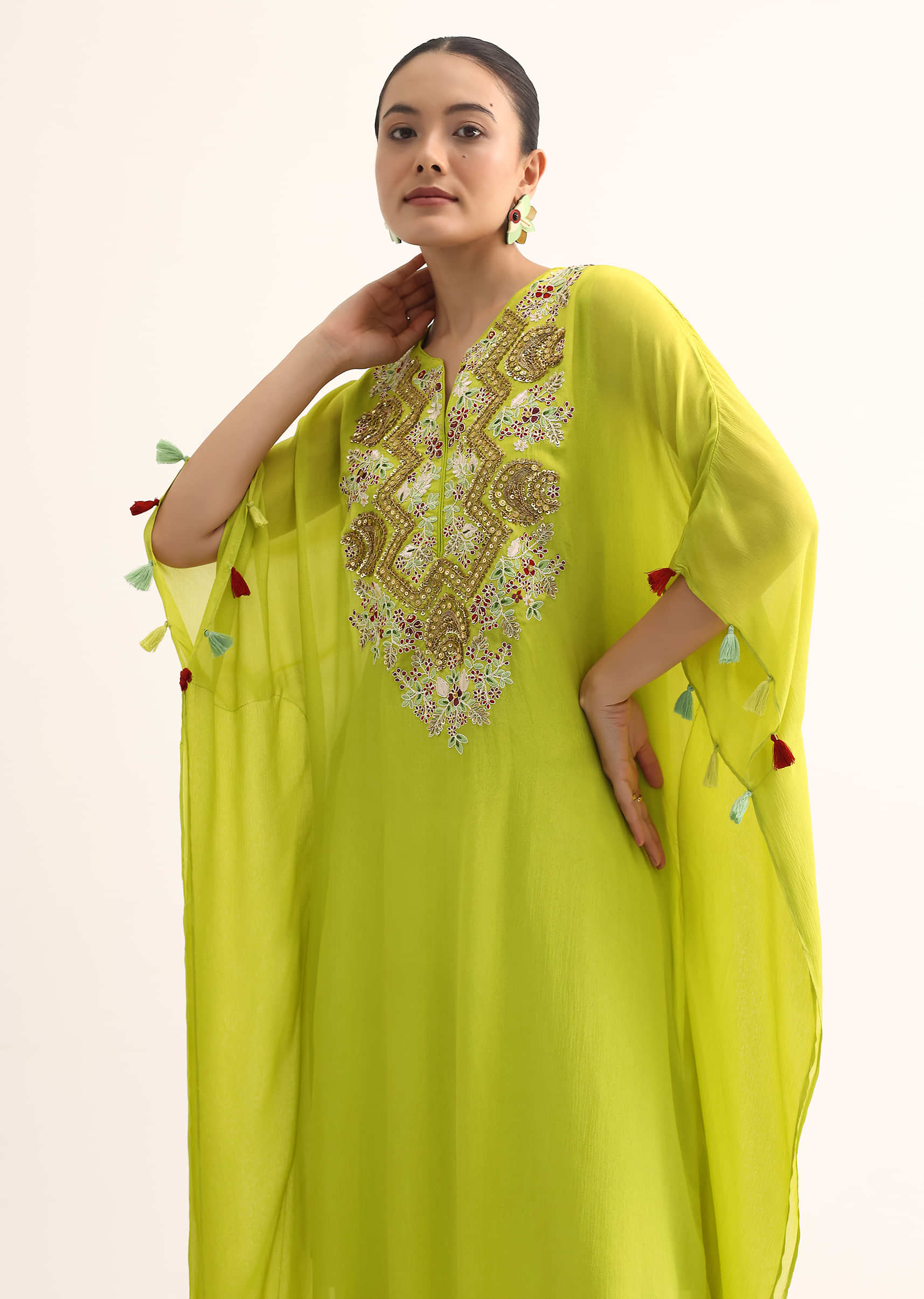 Green Embroidered Kaftan Kurta Set - Image 4