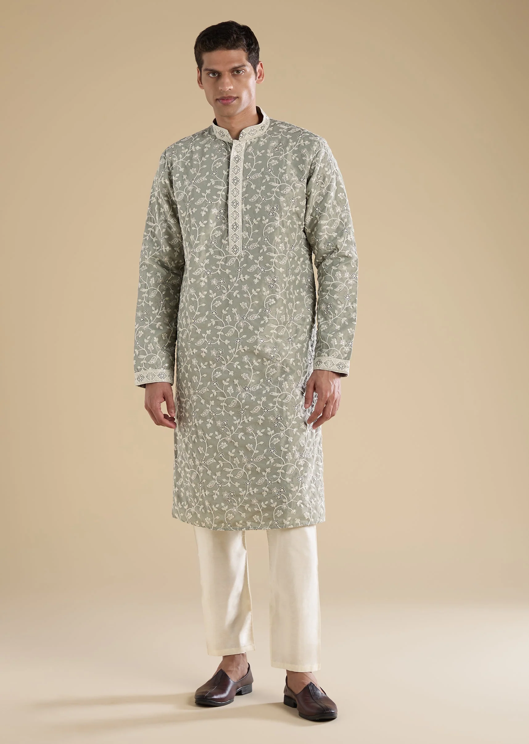 Green Embroidered Kurta Set For Men
