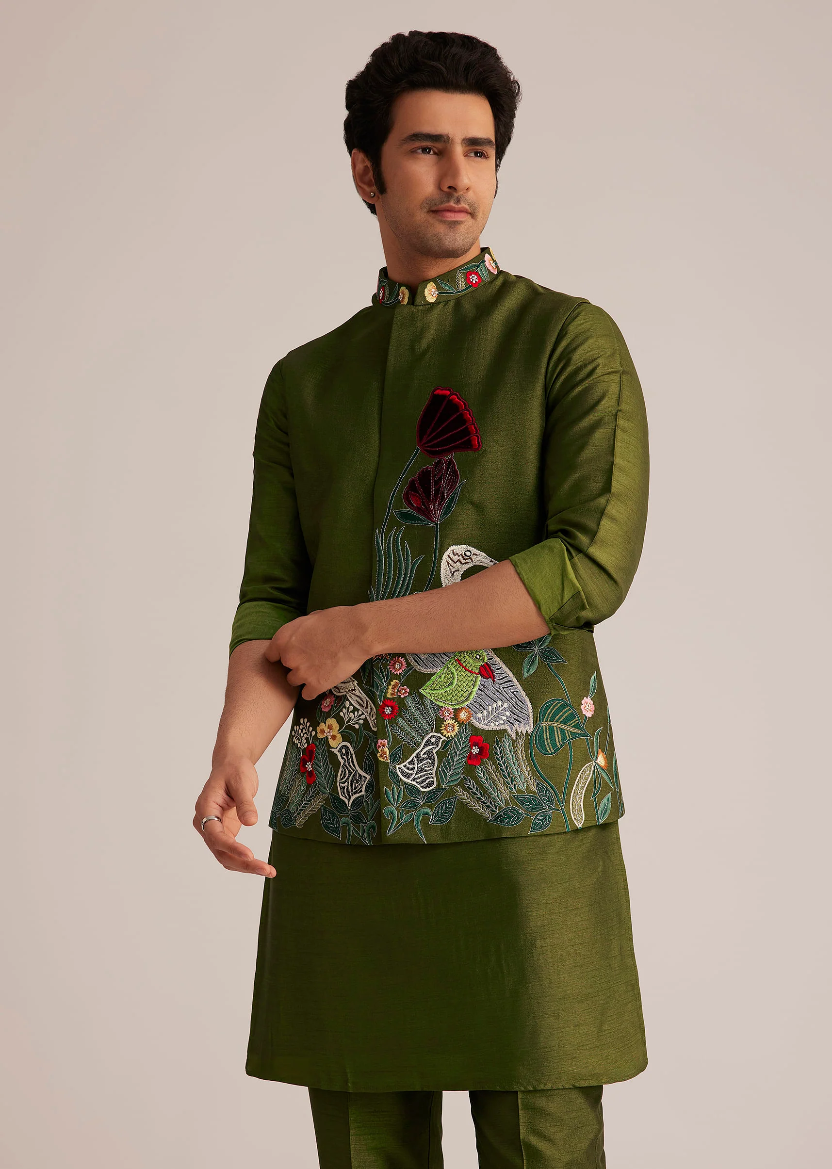 Green Embroidered Nehru Jacket With Bird Detailing - Image 3