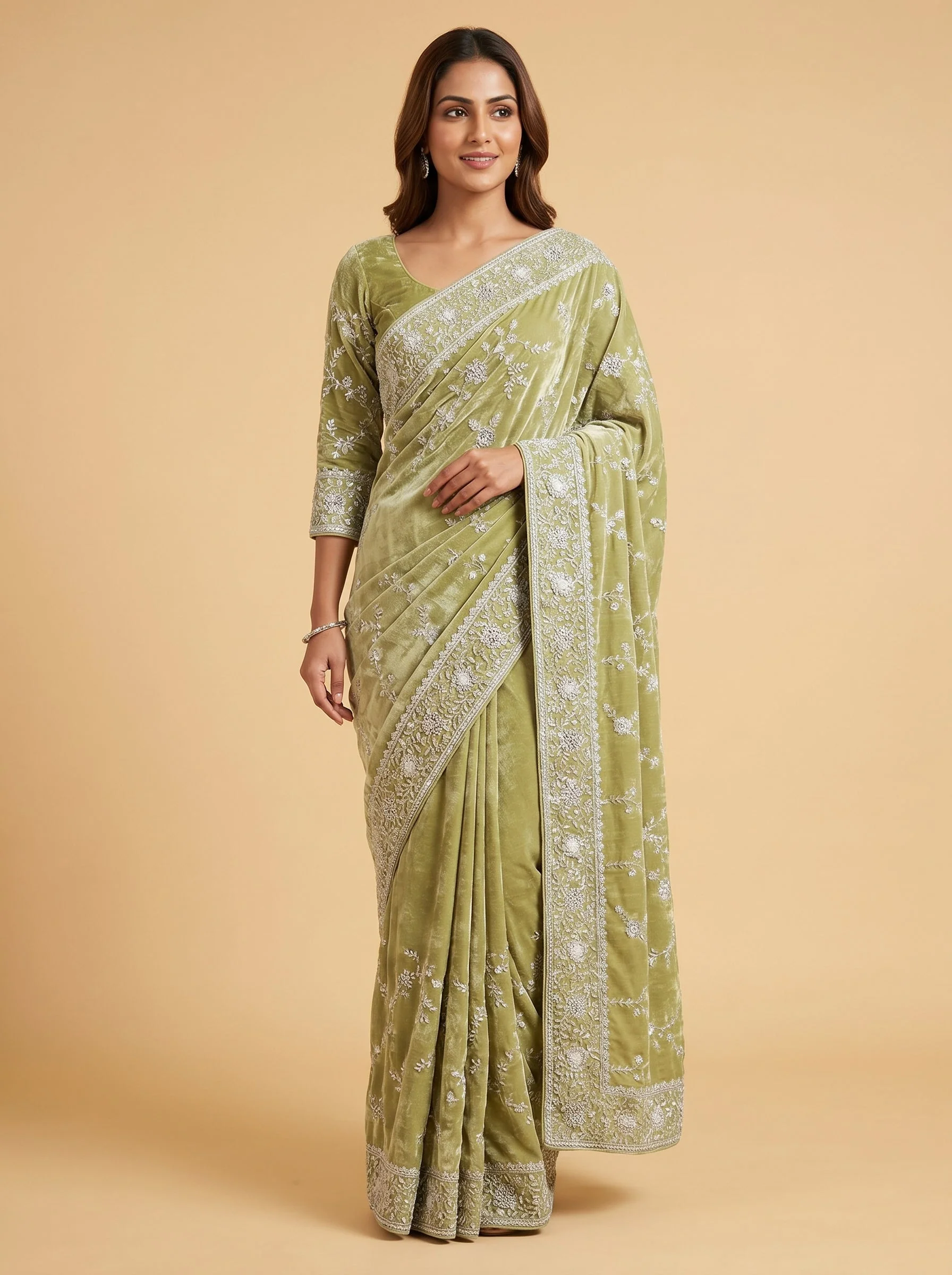 Green Embroidered Saree with Delicate Motifs
