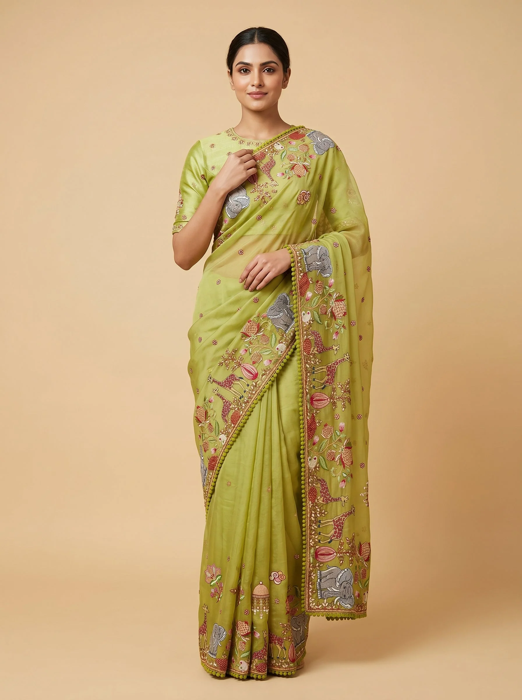 Green embroidered saree with vibrant motifs