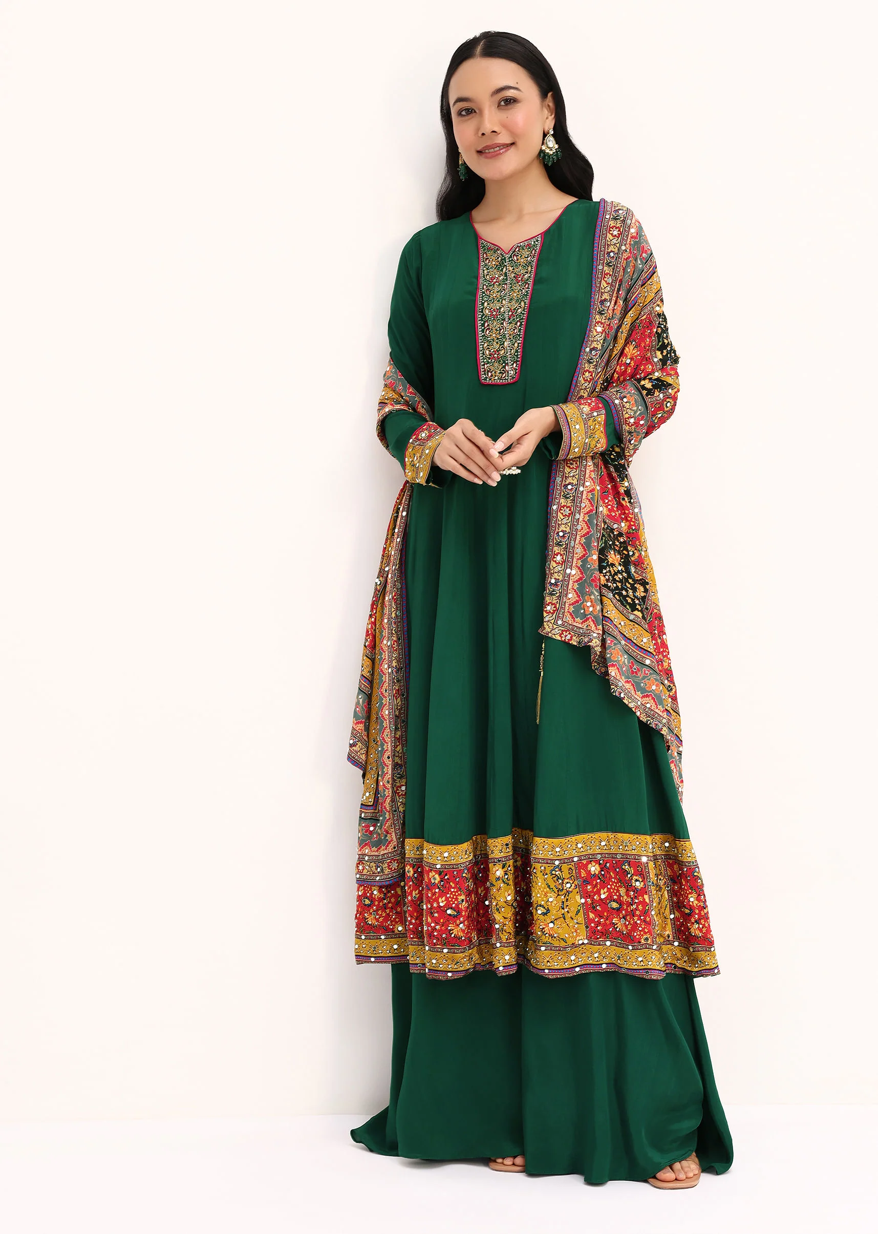 Green Embroidered Satin Kurta Palazzo With Dupatta - Image 3