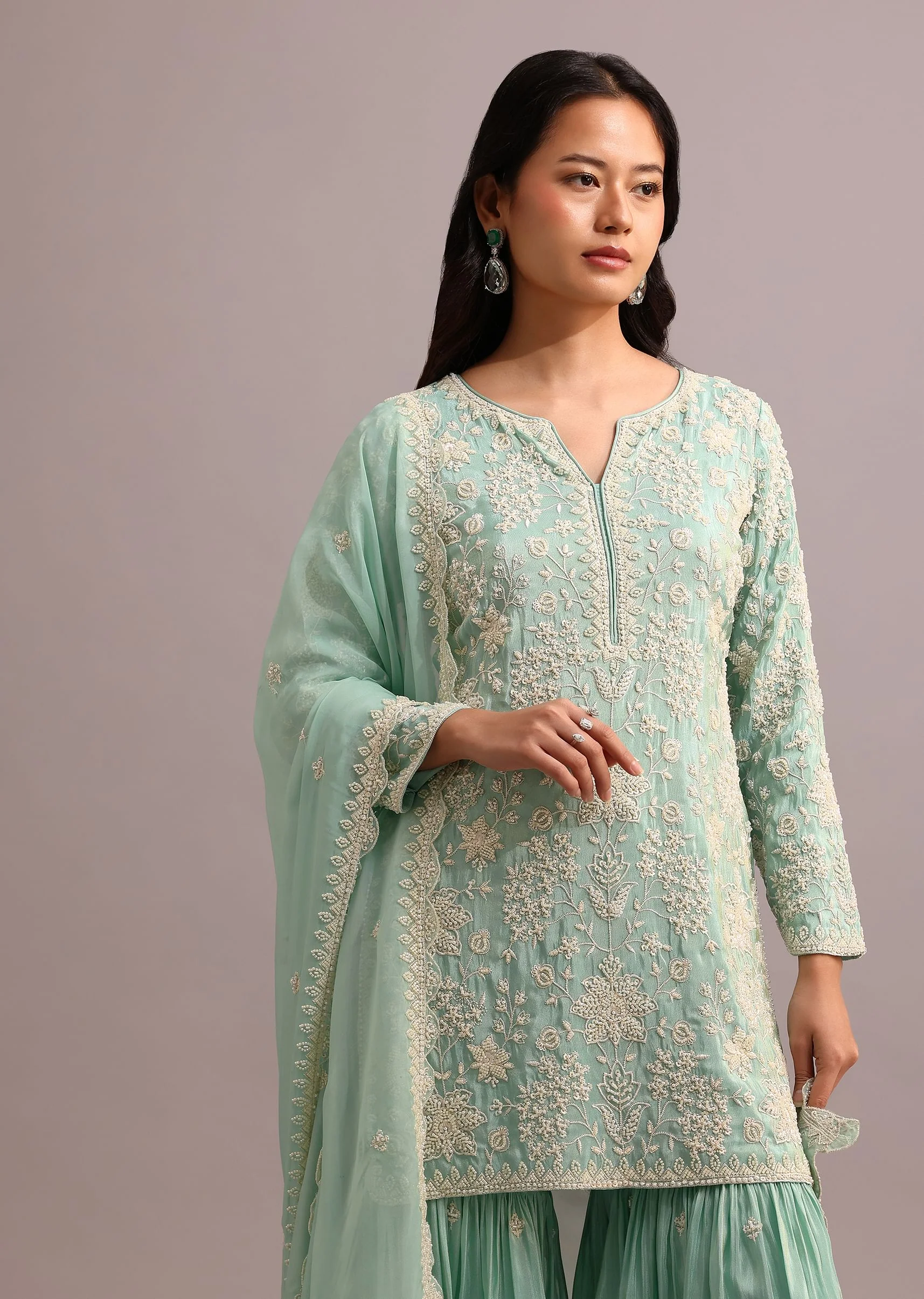 Green Embroidered Sharara Set With Butti Work On Organza Dupatta - Image 4