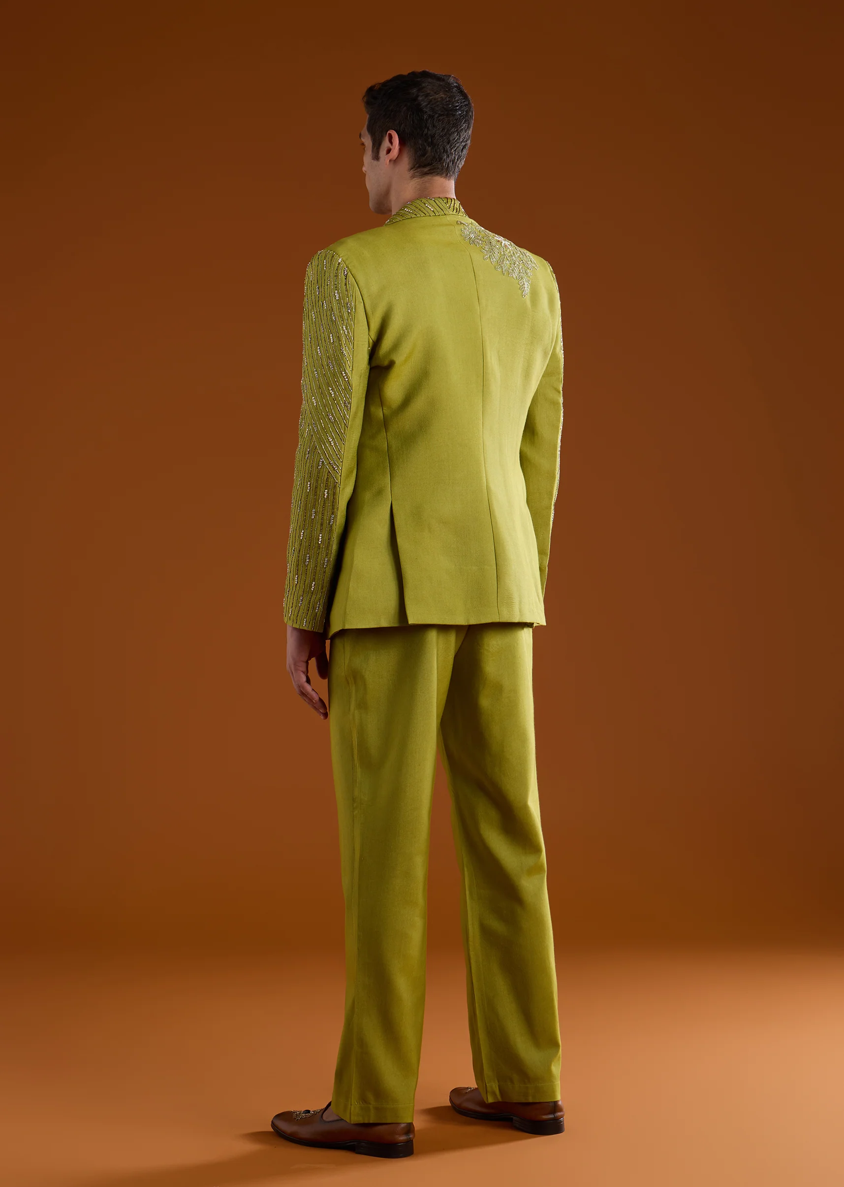 Green Festive Duo – Tissue Kurta Lehenga Set For Her And Embroidered Tuxedo Set For Him - Image 8