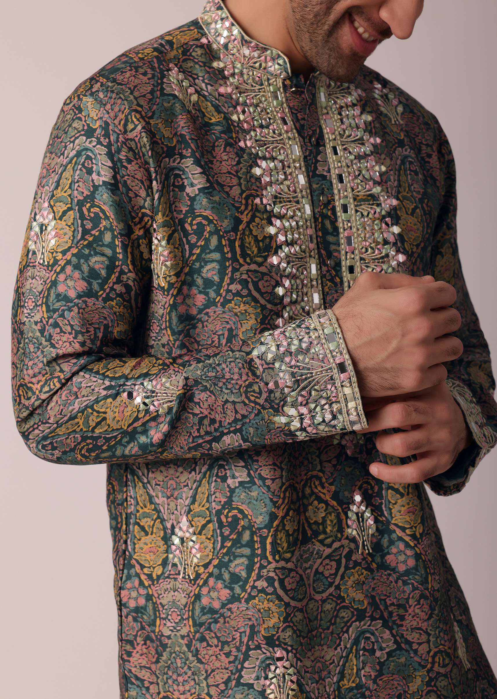 Green Festive Floral Printed Silk Kurta Set For Men - Image 3