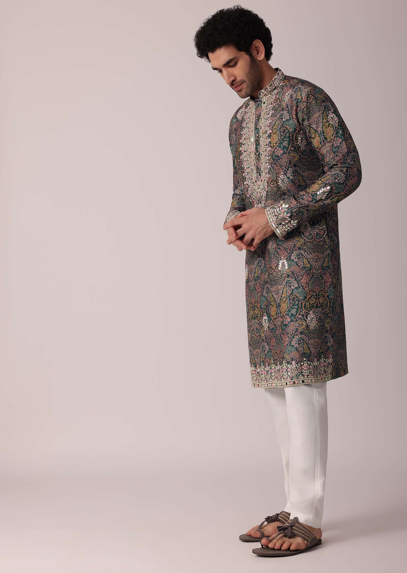 Green Festive Floral Printed Silk Kurta Set For Men - Image 4