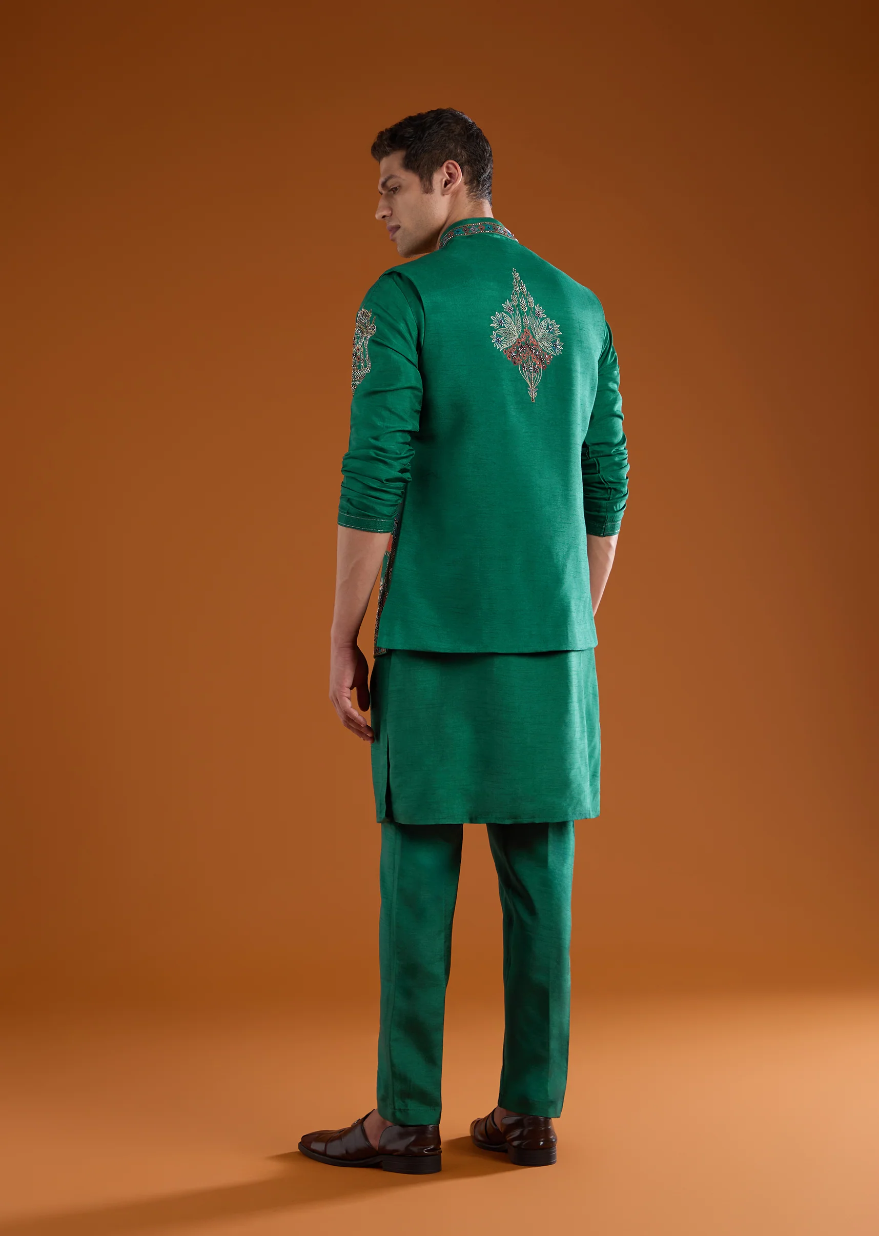 Green Festive Pair – Zardosi Suit For Her And Jacket Kurta Set For Him - Image 11