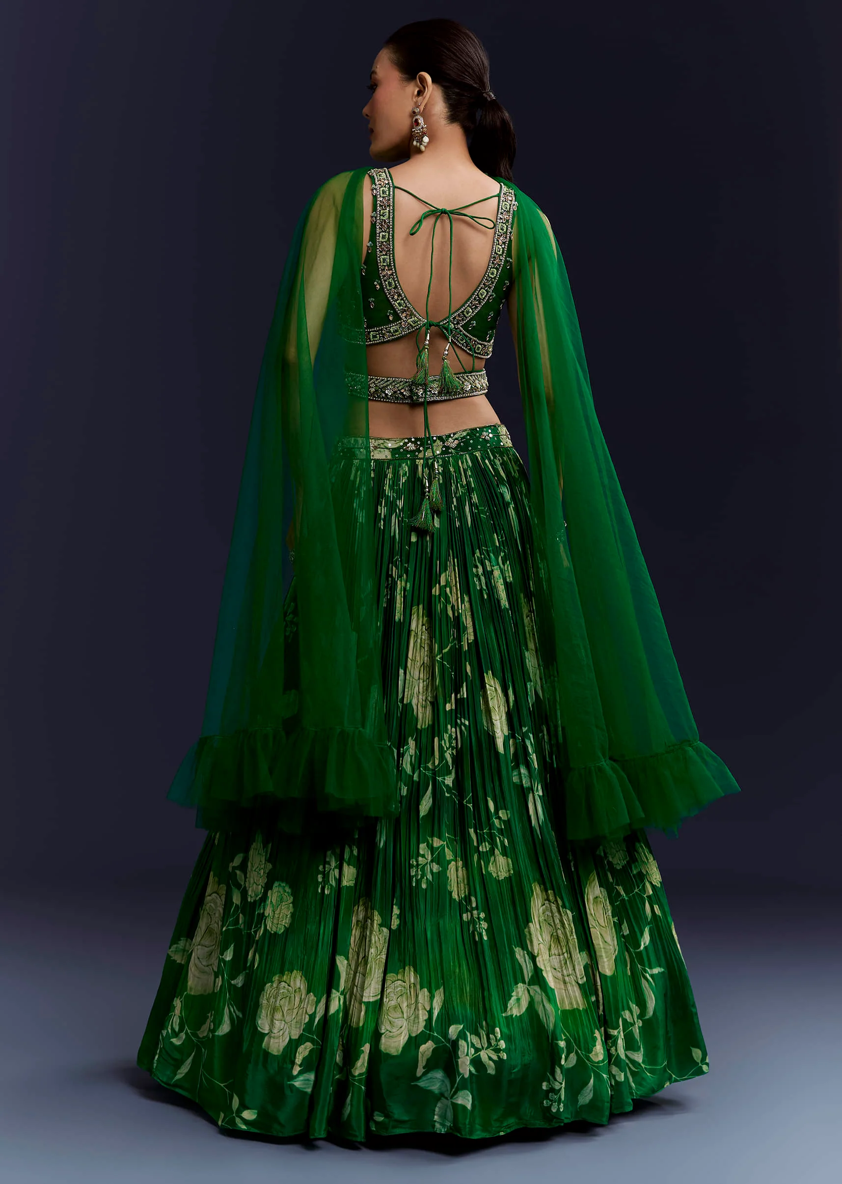 Green Floral Print Bridesmaid Crepe Lehenga Set - Image 2