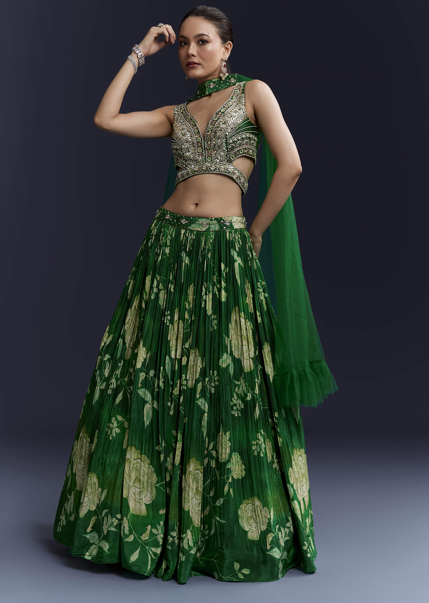 Green Floral Print Bridesmaid Crepe Lehenga Set - Image 4
