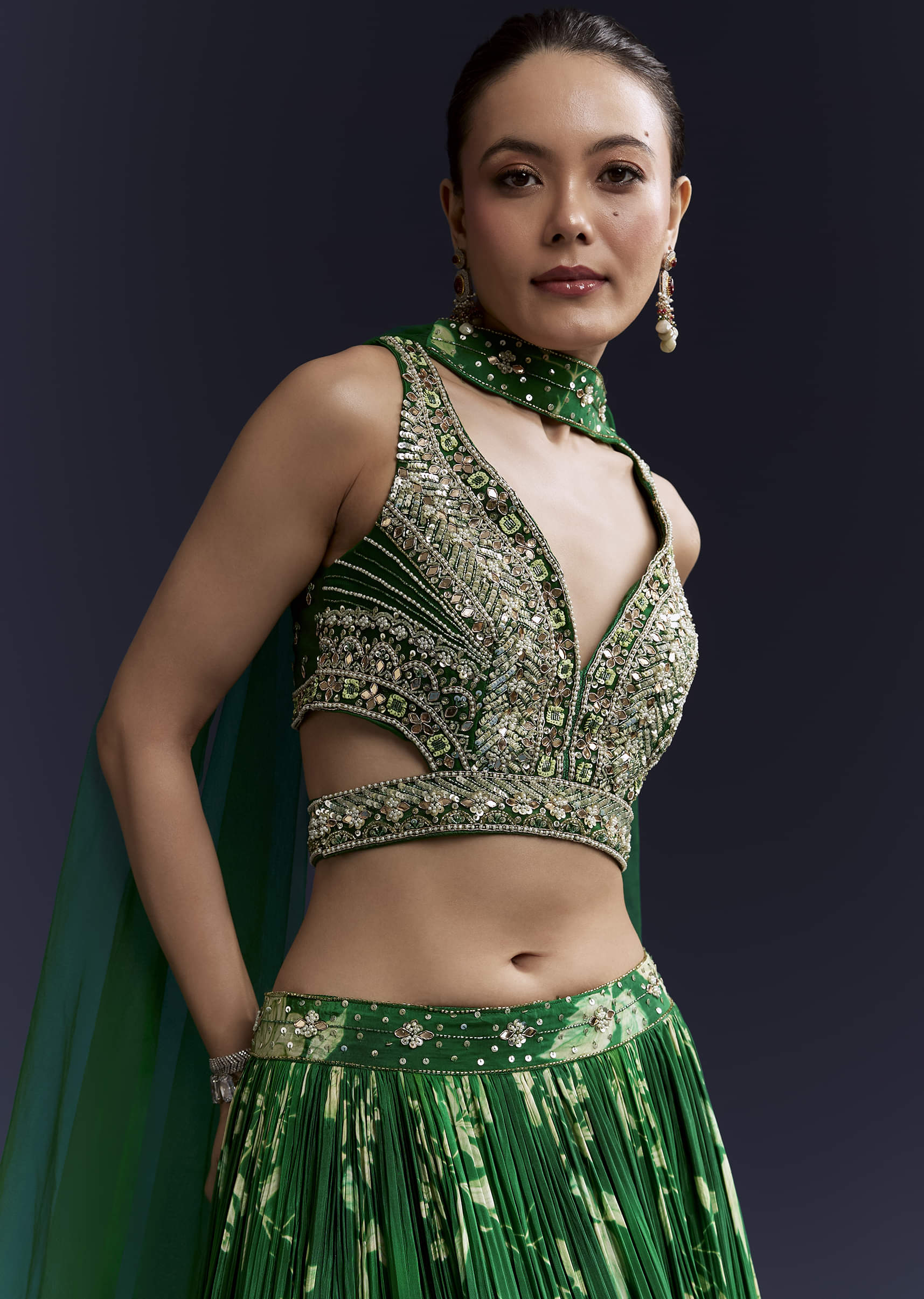 Green Floral Print Bridesmaid Crepe Lehenga Set - Image 5