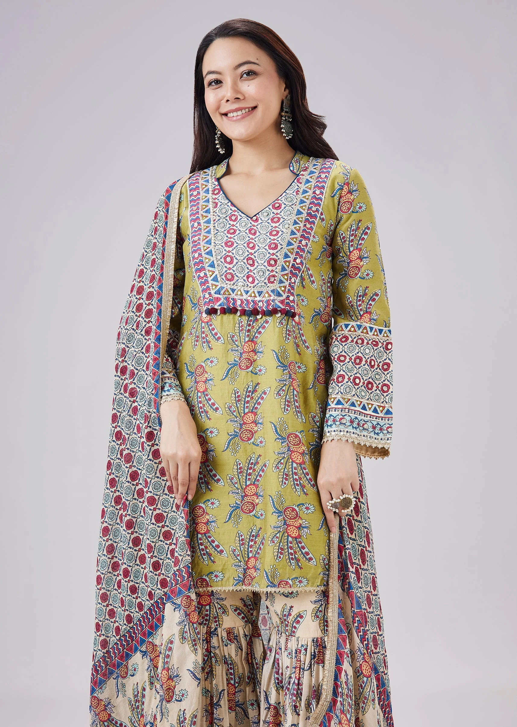 Green Floral Printed Sharara Set With Dupatta - Image 4