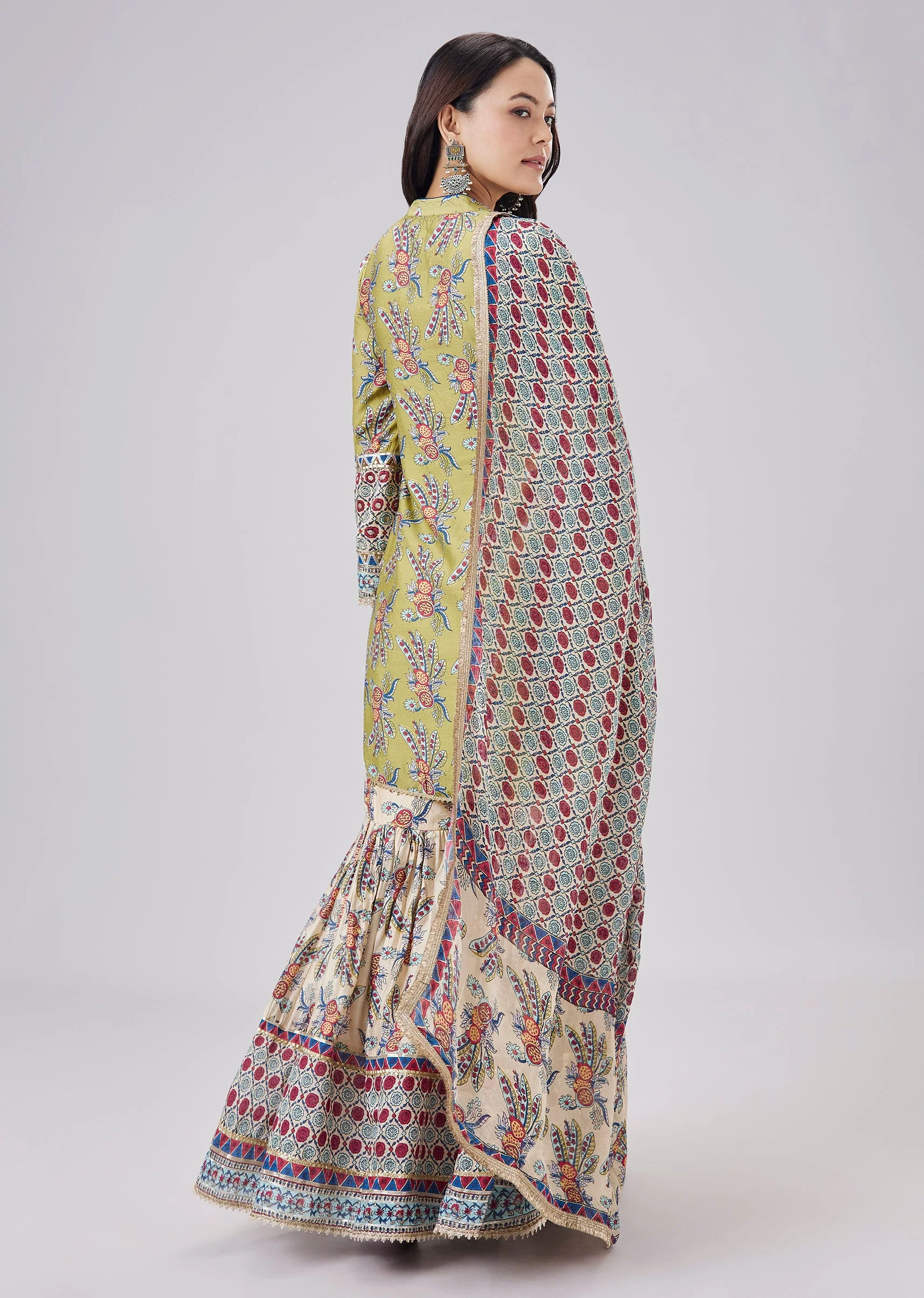 Green Floral Printed Sharara Set With Dupatta - Image 5