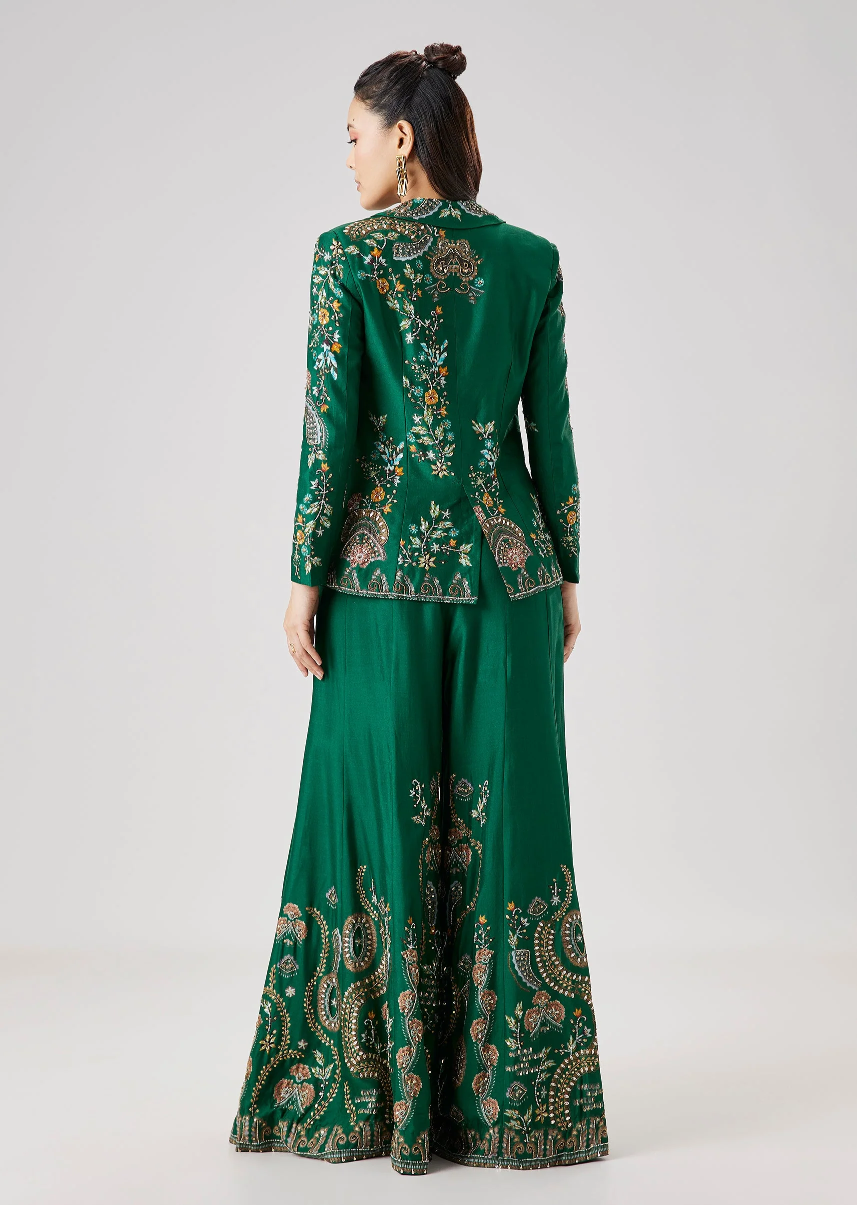 Green Floral Printed Silk Crop Top Palazzo Set With Blazer Jacket - Image 5