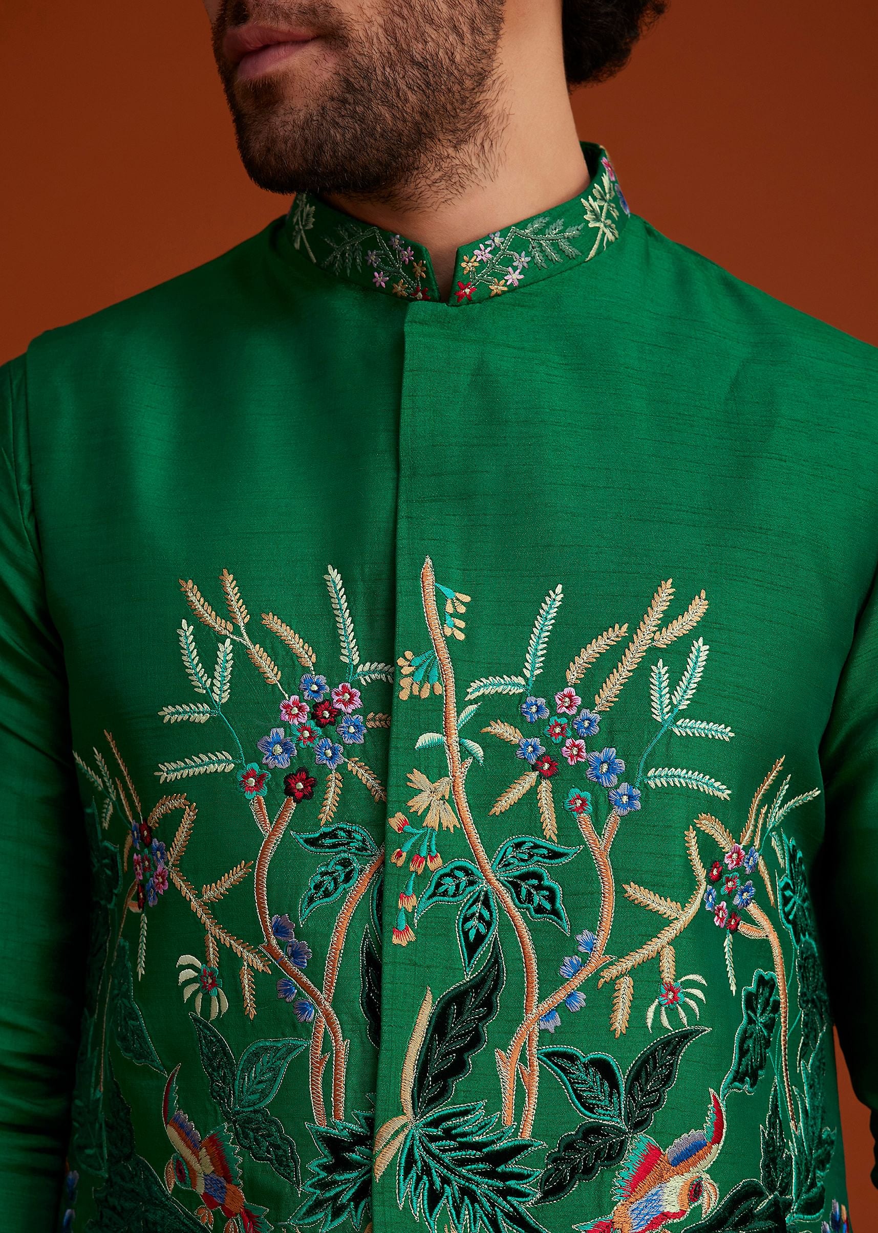Green Floral Resham Embroidered Kurta Jacket Set - Image 2