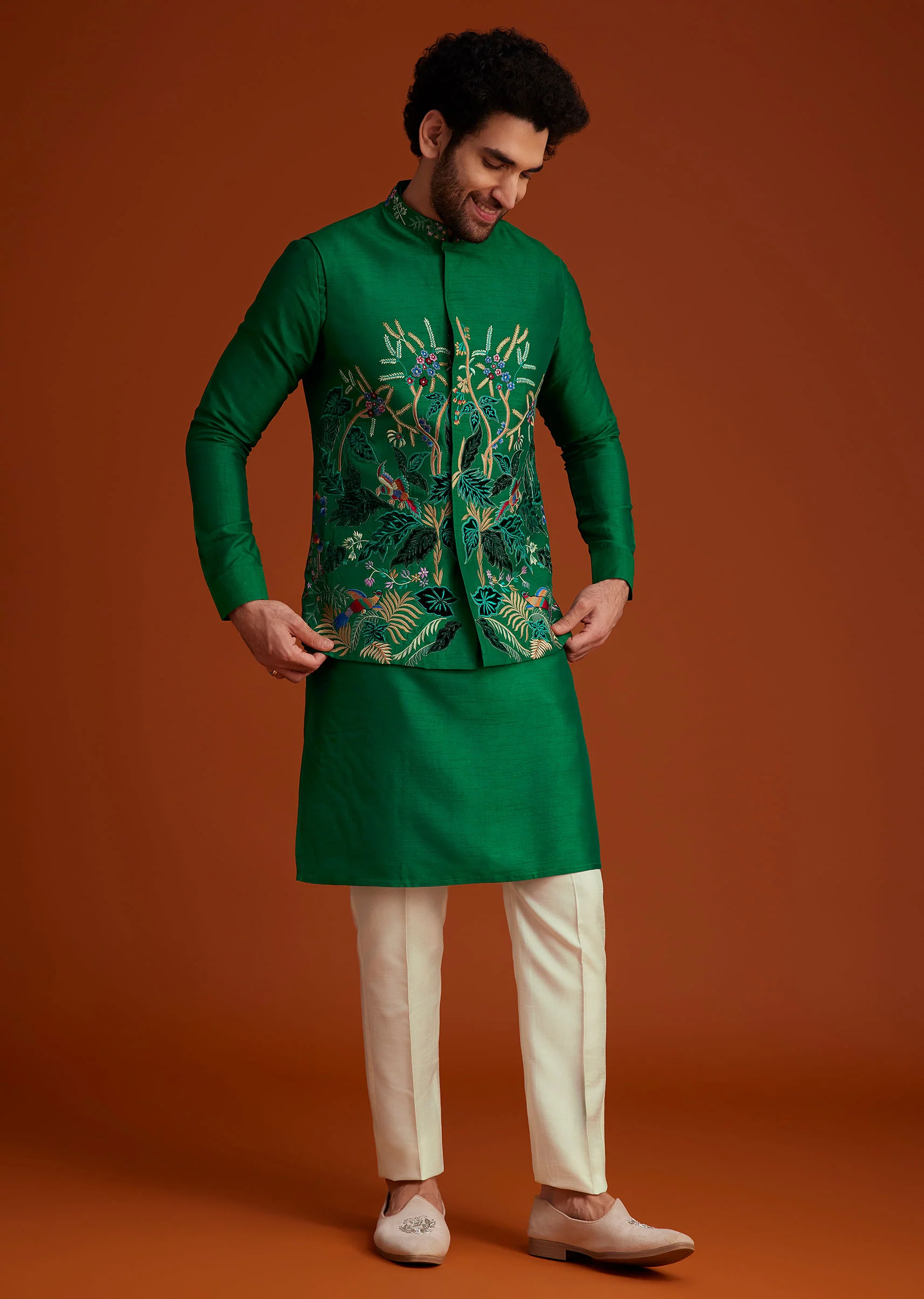 Green Floral Resham Embroidered Kurta Jacket Set - Image 4