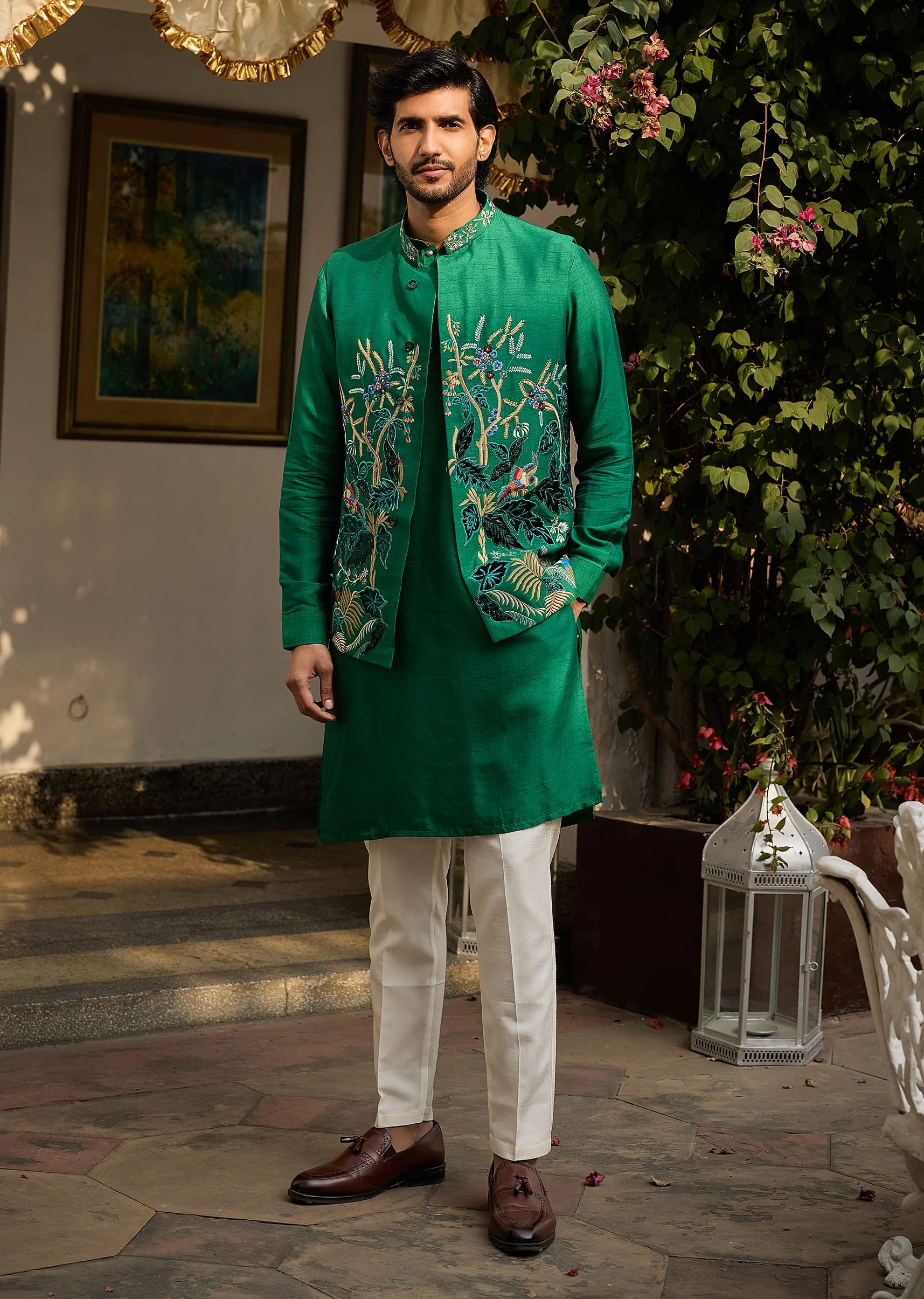 Green Floral Resham Embroidered Kurta Jacket Set - Image 8