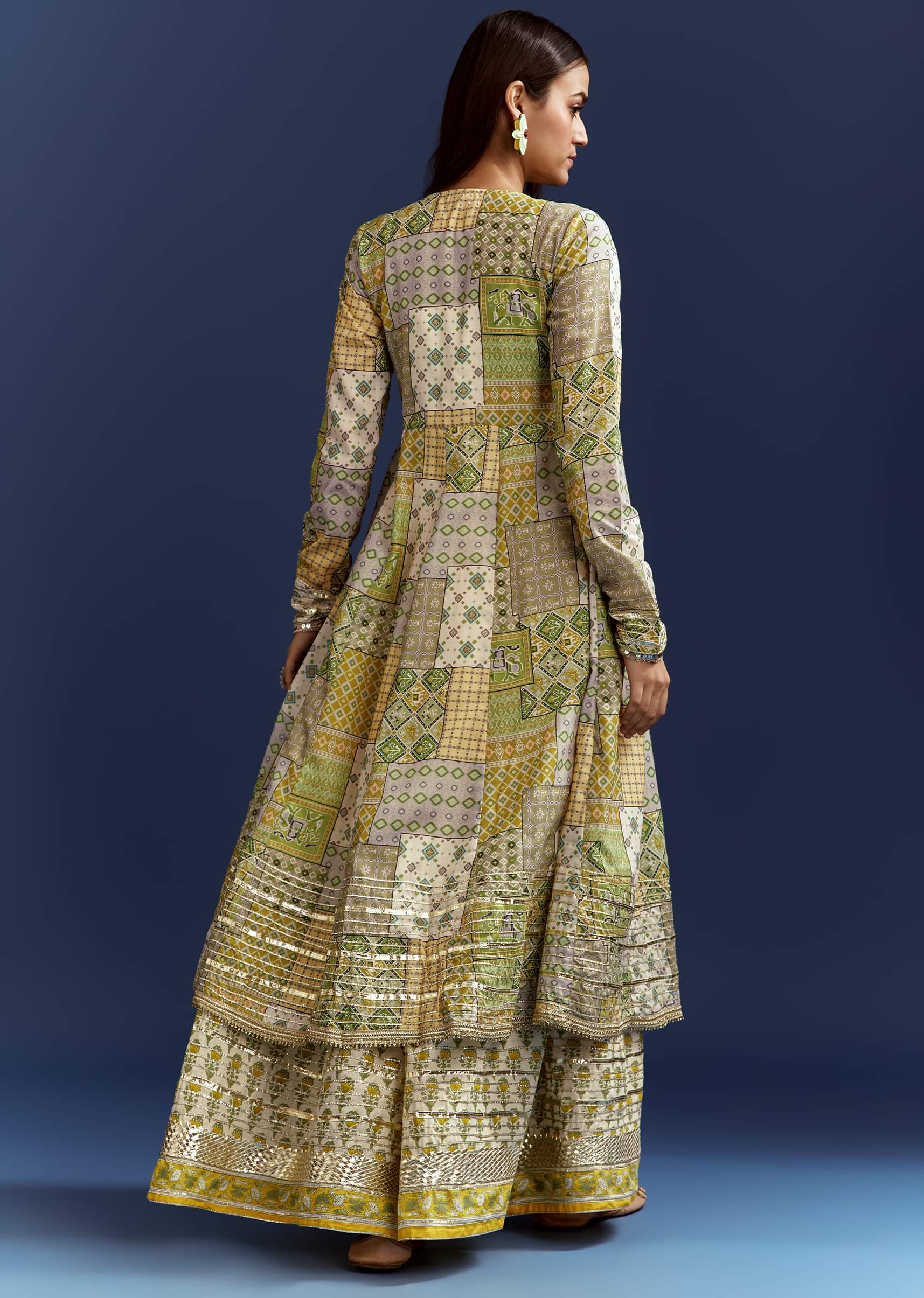 Green Floral Sleeveless Kurti With Gotta Lace And Angrakha Jacket - Image 5